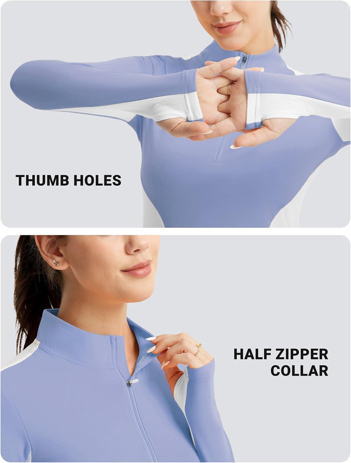 imageFitsT4 Sports Womens Equestrian Shirts Thumbholes Long Sleeve Horse Riding Shirts Quick Dry UPF50 Riding Top Half ZipIceblue