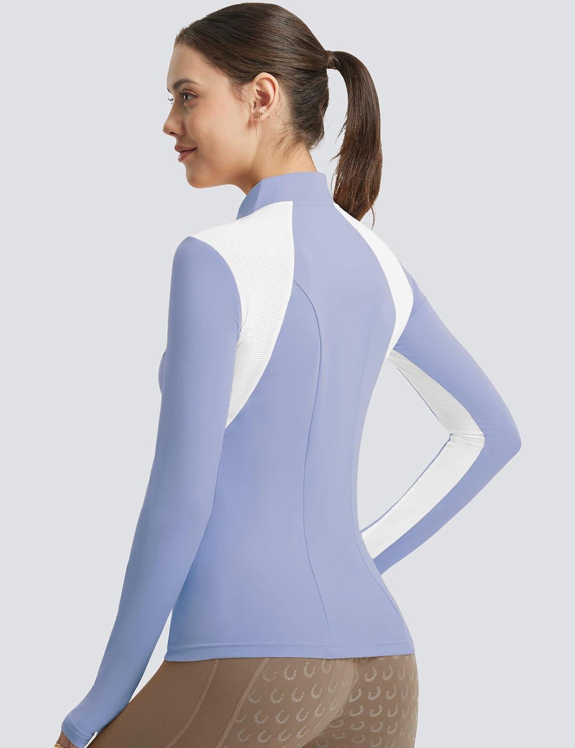 imageFitsT4 Sports Womens Equestrian Shirts Thumbholes Long Sleeve Horse Riding Shirts Quick Dry UPF50 Riding Top Half ZipIceblue