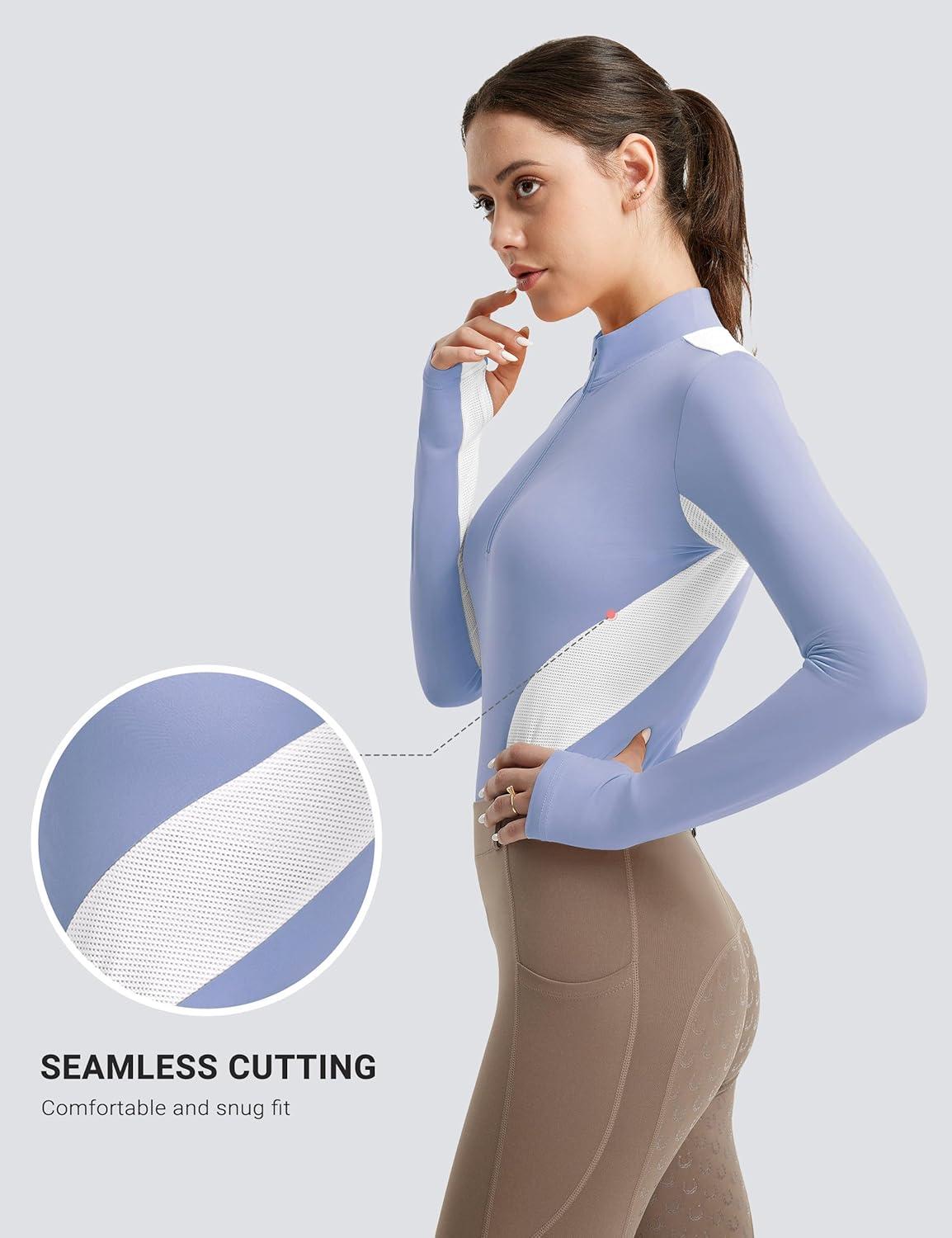 imageFitsT4 Sports Womens Equestrian Shirts Thumbholes Long Sleeve Horse Riding Shirts Quick Dry UPF50 Riding Top Half ZipIceblue