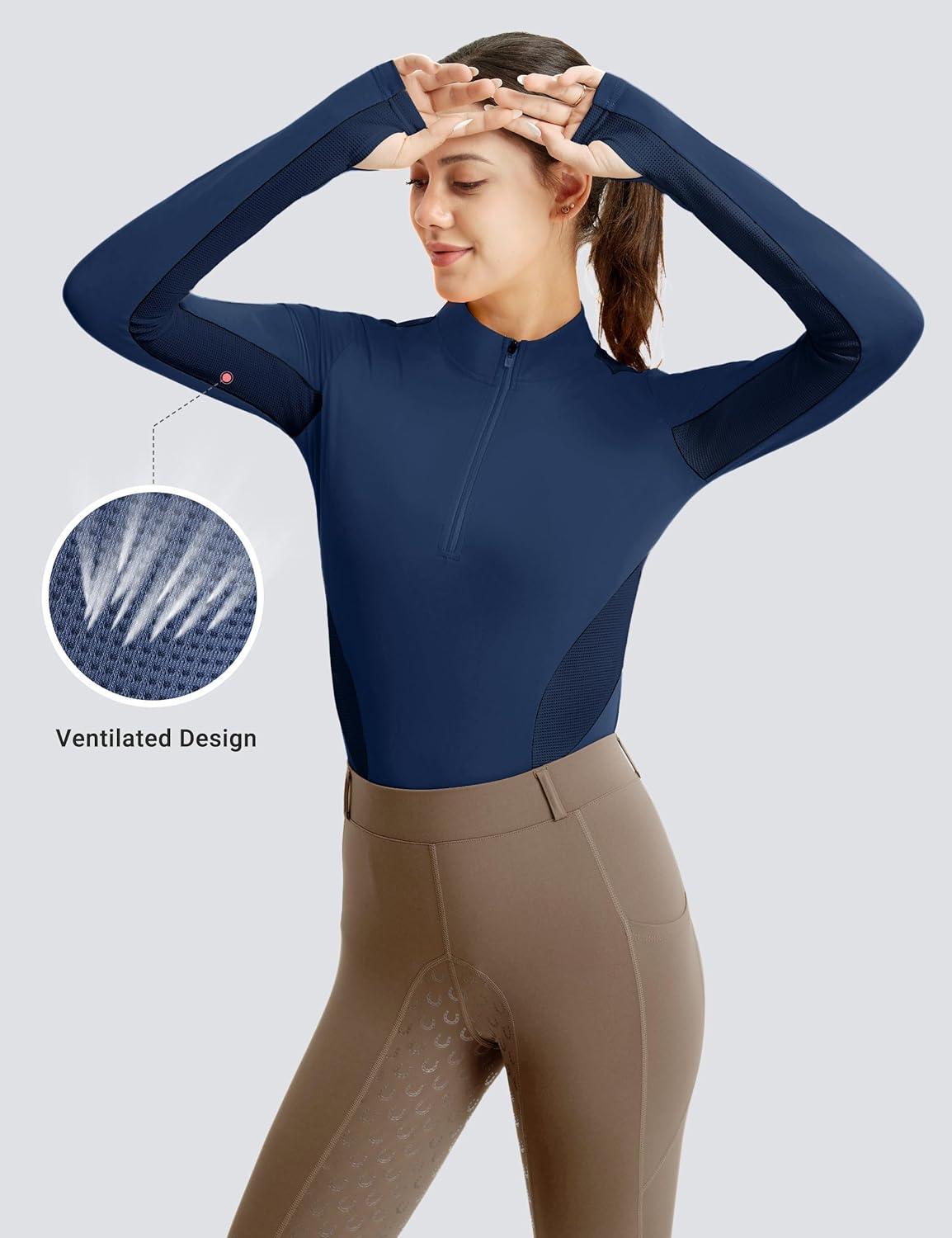 imageFitsT4 Sports Womens Equestrian Shirts Thumbholes Long Sleeve Horse Riding Shirts Quick Dry UPF50 Riding Top Half ZipNavy