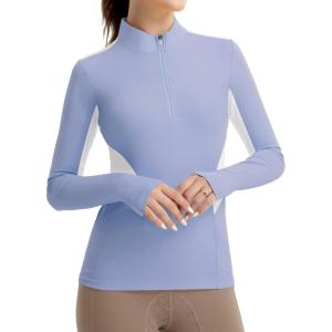 FitsT4 Sports Womens Equestrian Shirts Thumbholes Long Sleeve Horse Riding Shirts Quick Dry UPF50+ Riding Top Half Zip(Iceblue)