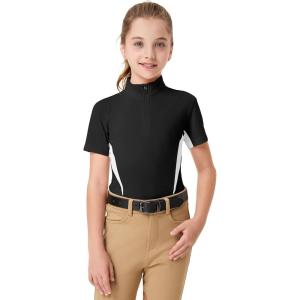 FitsT4 Sports Girls Short Sleeve Equestrian Shirt Quick Dry Horse Riding Shirts Half Zip Horseback Show Shirt(Black)