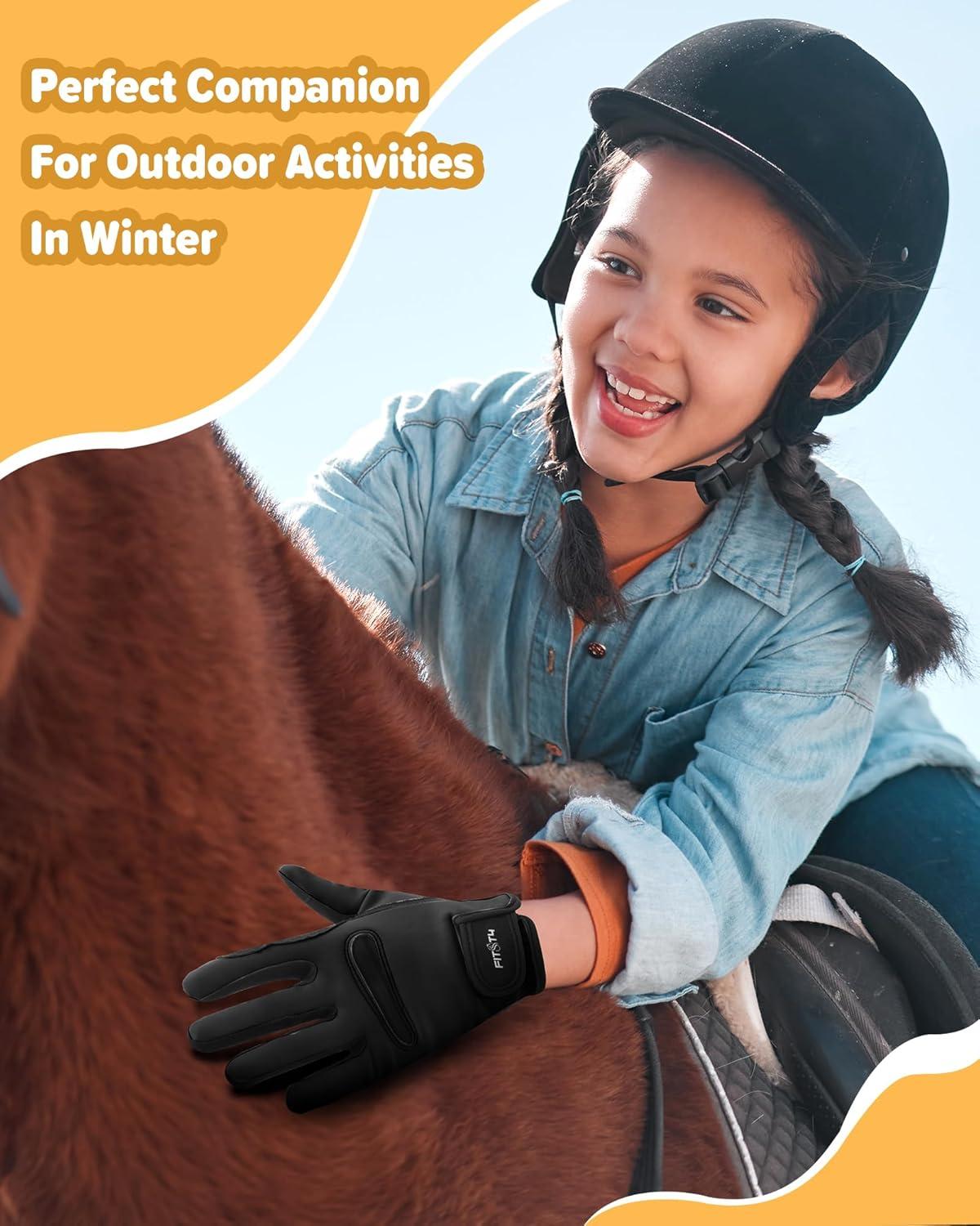 image:imageFitsT4 Sports Kids Horse Riding Gloves Winter Equestrian Gloves Girls Boys Horseback Gloves for Youth Children Cycling BikingBlack