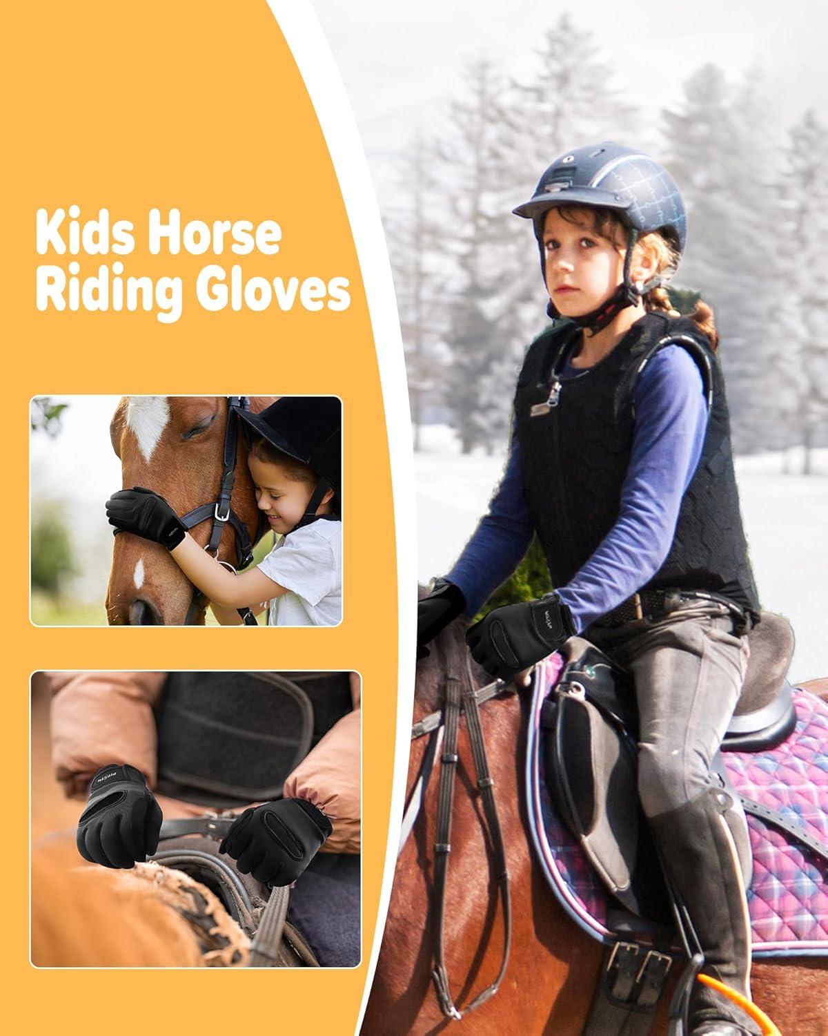 image:imageFitsT4 Sports Kids Horse Riding Gloves Winter Equestrian Gloves Girls Boys Horseback Gloves for Youth Children Cycling BikingBlack