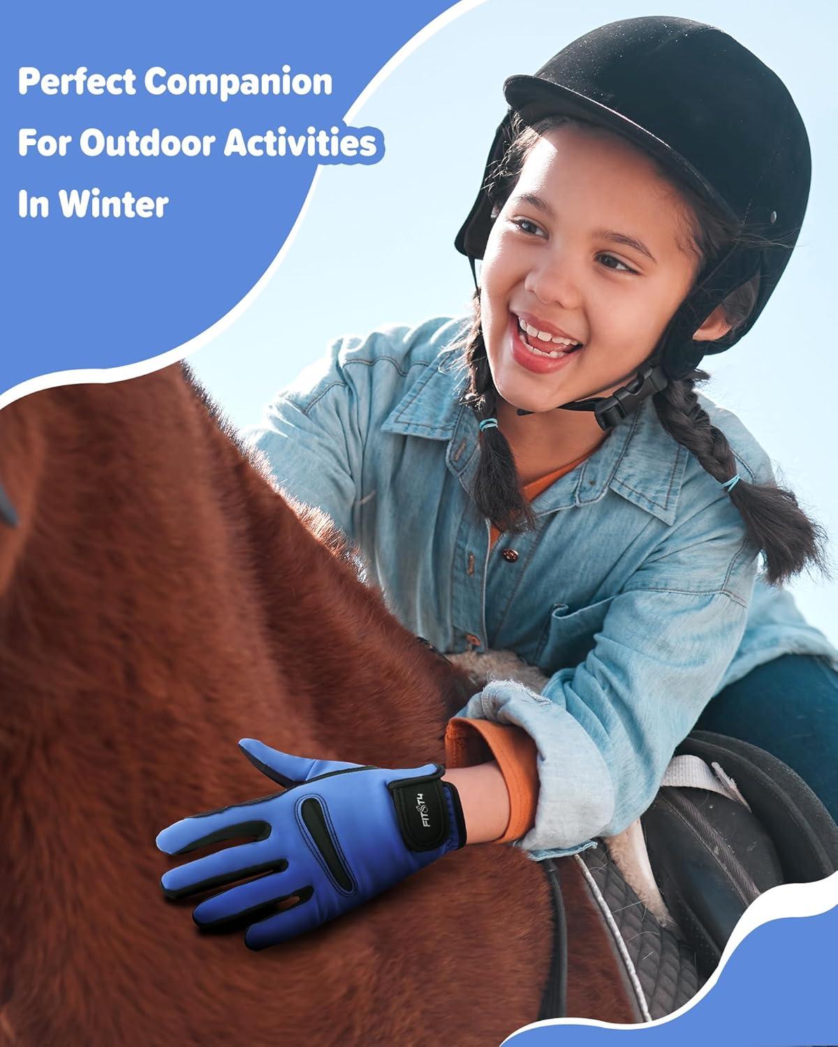image:imageFitsT4 Sports Kids Horse Riding Gloves Winter Equestrian Gloves Girls Boys Horseback Gloves for Youth Children Cycling BikingBlue