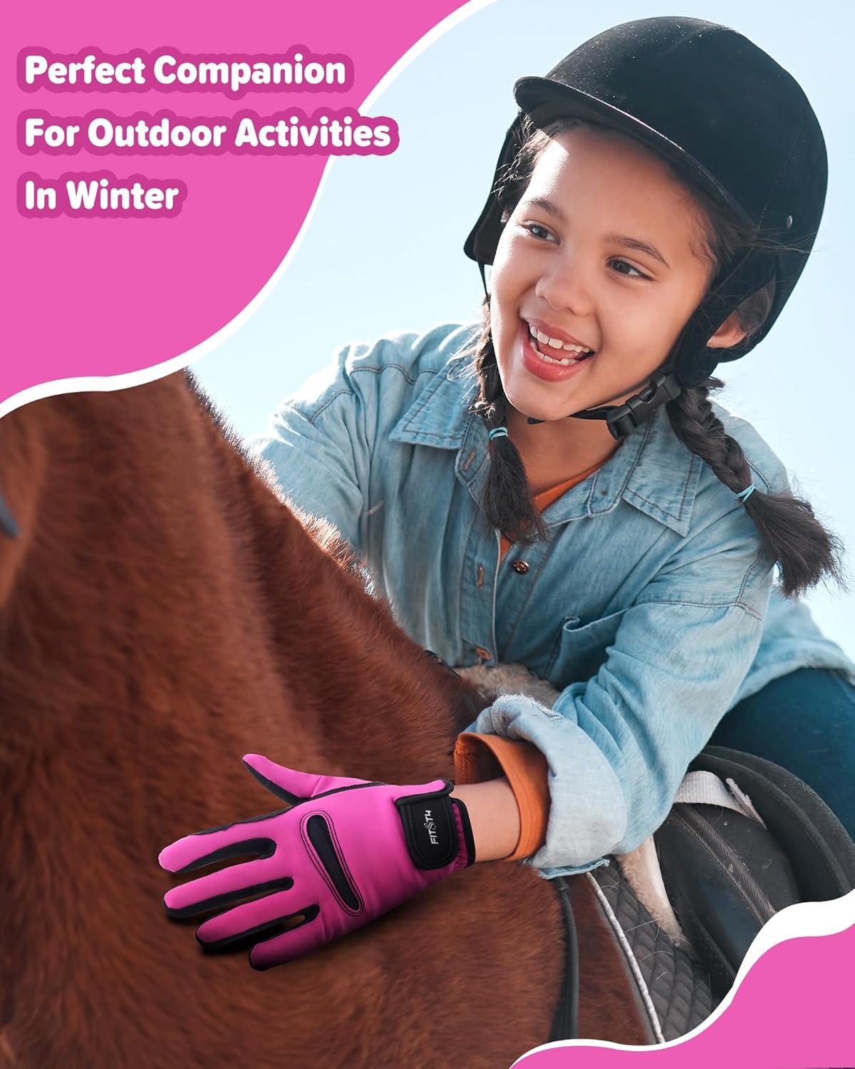 image:imageFitsT4 Sports Kids Horse Riding Gloves Winter Equestrian Gloves Girls Boys Horseback Gloves for Youth Children Cycling BikingPink