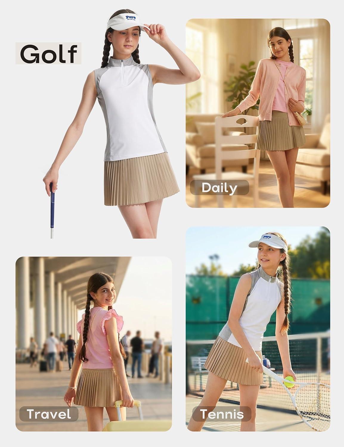image:imageFitsT4 Sports Girls Uniform Skirts Pleated Tennis Golf Skorts with Shorts amp Pockets Kids School Athletic SkortsKhaki