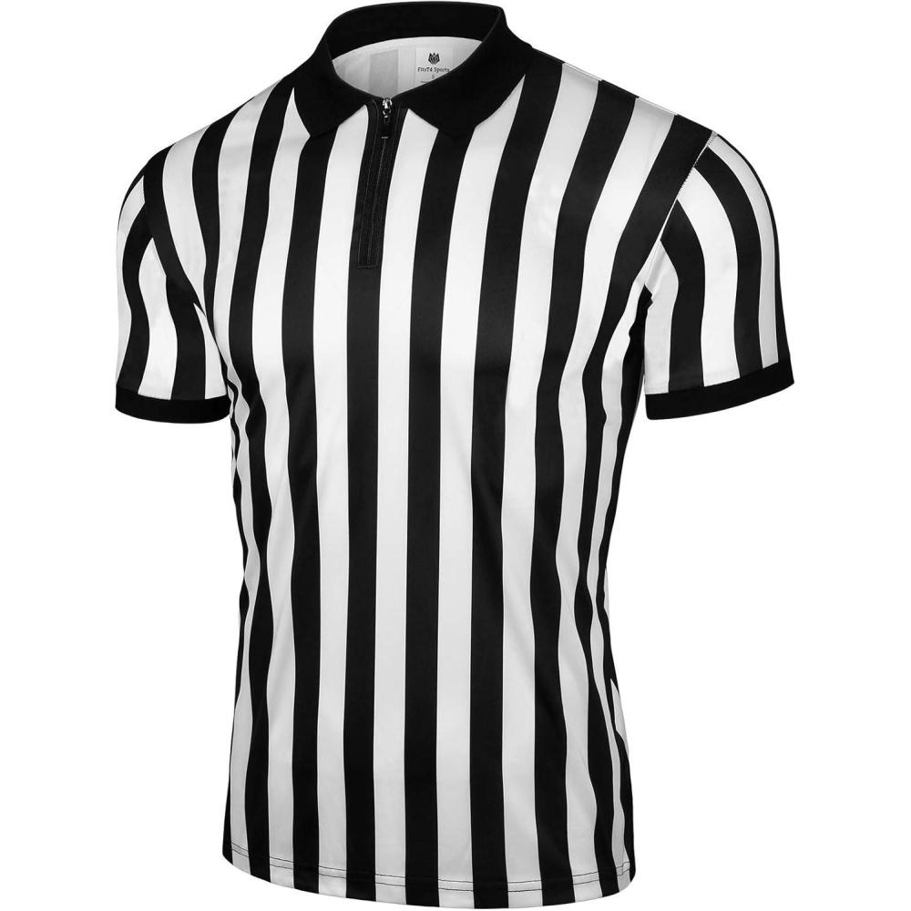image:imageFitsT4 Sports Mens Official Black amp White Stripe Referee Shirt Zipper Collared Short Sleeve Umpire Jersey Costume Ref UniformBlackWhite Stripezipper Neck