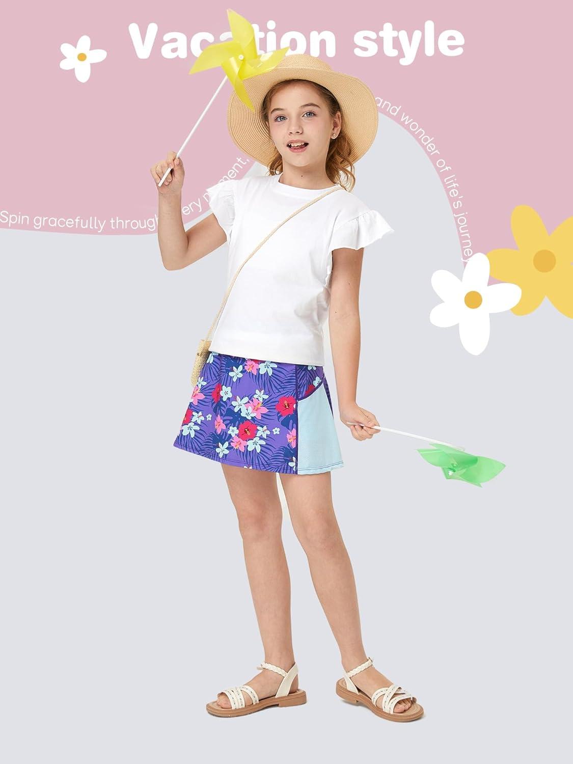 image:imageFitsT4 Sports Girls Tennis Skirt with Shorts Golf Skort Adjustable Waist UPF50 Athletic Skirts for Outdoor SportsFlowers