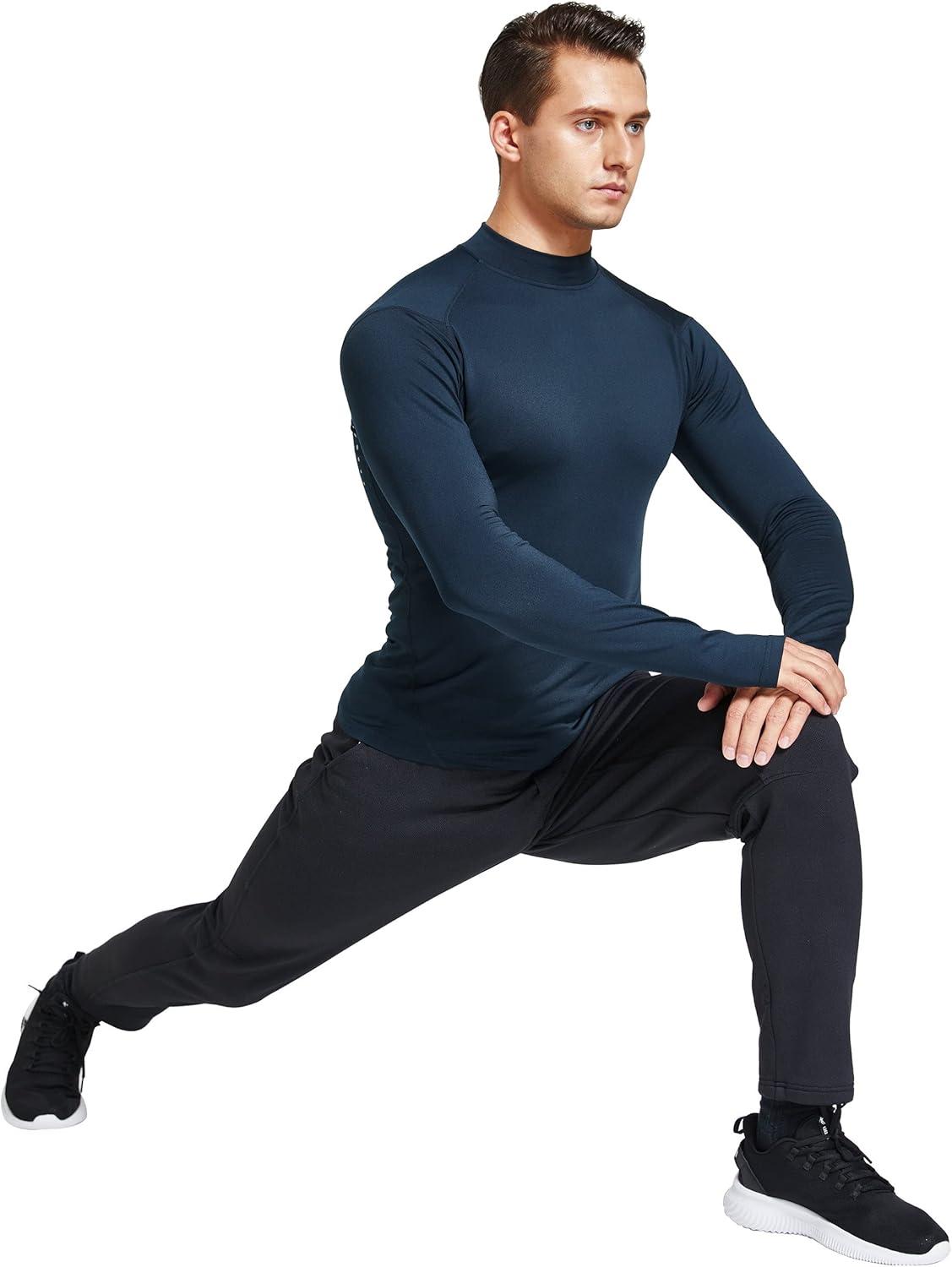 image:imageFitsT4 Sports Mens Thermal Shirt Fleece Lined Mock Neck Base Layer TopsNavy