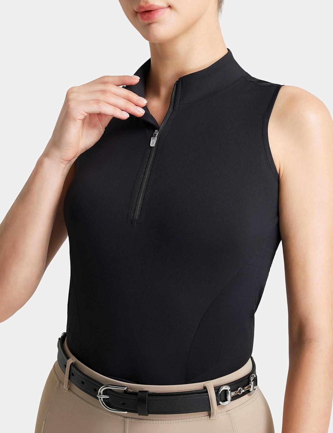 image:imageFitsT4 Sports Women Equestrian Shirts Sleeveless Horse Riding Shirts Quick Dry UPF50 Tank Tops Golf Shirts Quarter ZipBlack