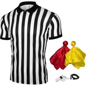 FitsT4 Men’s Referee Shirt 4PCS Official Umpire Jersey with Yellow Red Penalty Flag Whistle Black & White Stripe(XXL( Chest 28″  Length 32″))