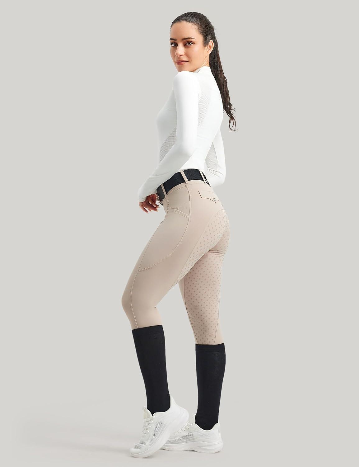 image:imageFitsT4 Sports Womens Horse Riding Pants Full Seat Equestrian Breeches High Waist Horseback Riding Tights with PocketsApricot
