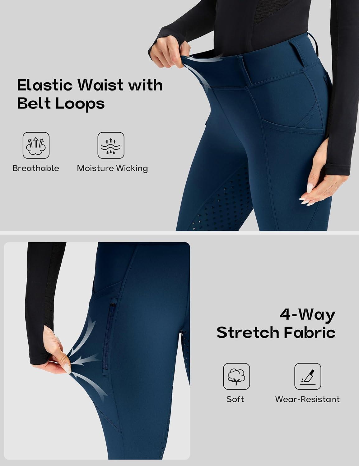 image:imageFitsT4 Sports Womens Horse Riding Pants Full Seat Equestrian Breeches High Waist Horseback Riding Tights with PocketsBlue