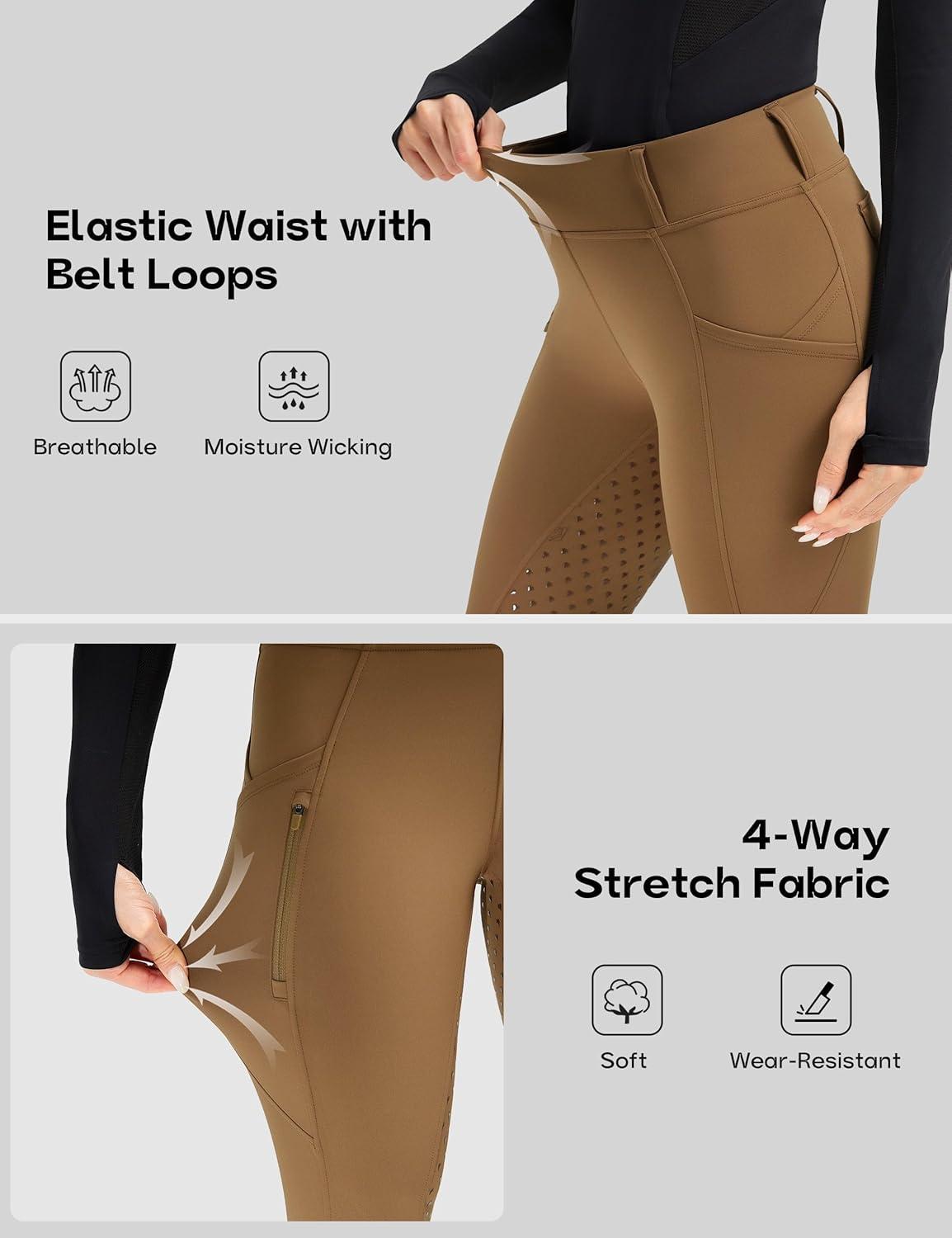 image:imageFitsT4 Sports Womens Horse Riding Pants Full Seat Equestrian Breeches High Waist Horseback Riding Tights with PocketsBrown