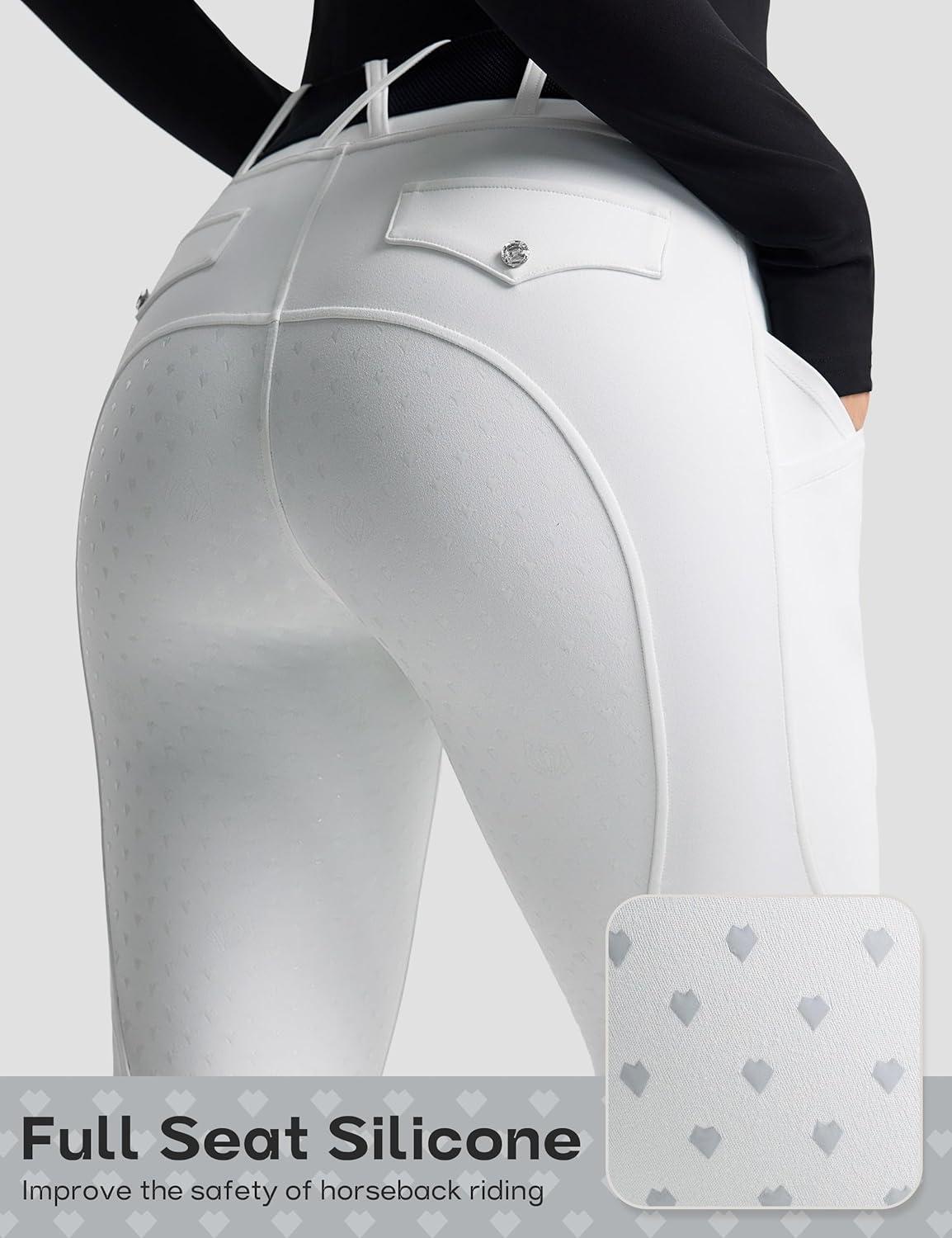 image:imageFitsT4 Sports Womens Horse Riding Pants Full Seat Equestrian Breeches High Waist Horseback Riding Tights with PocketsWhite