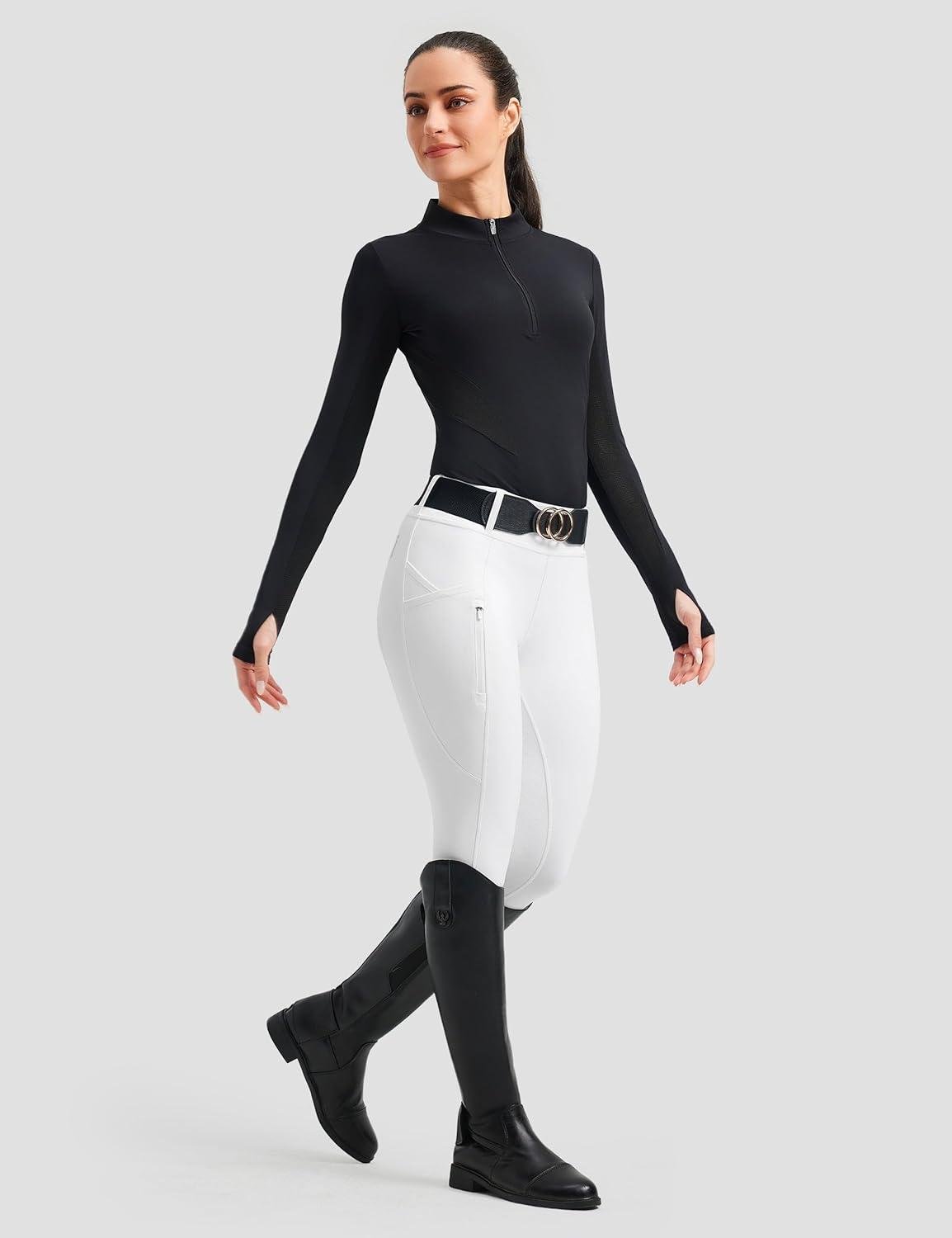 image:imageFitsT4 Sports Womens Horse Riding Pants Full Seat Equestrian Breeches High Waist Horseback Riding Tights with PocketsWhite