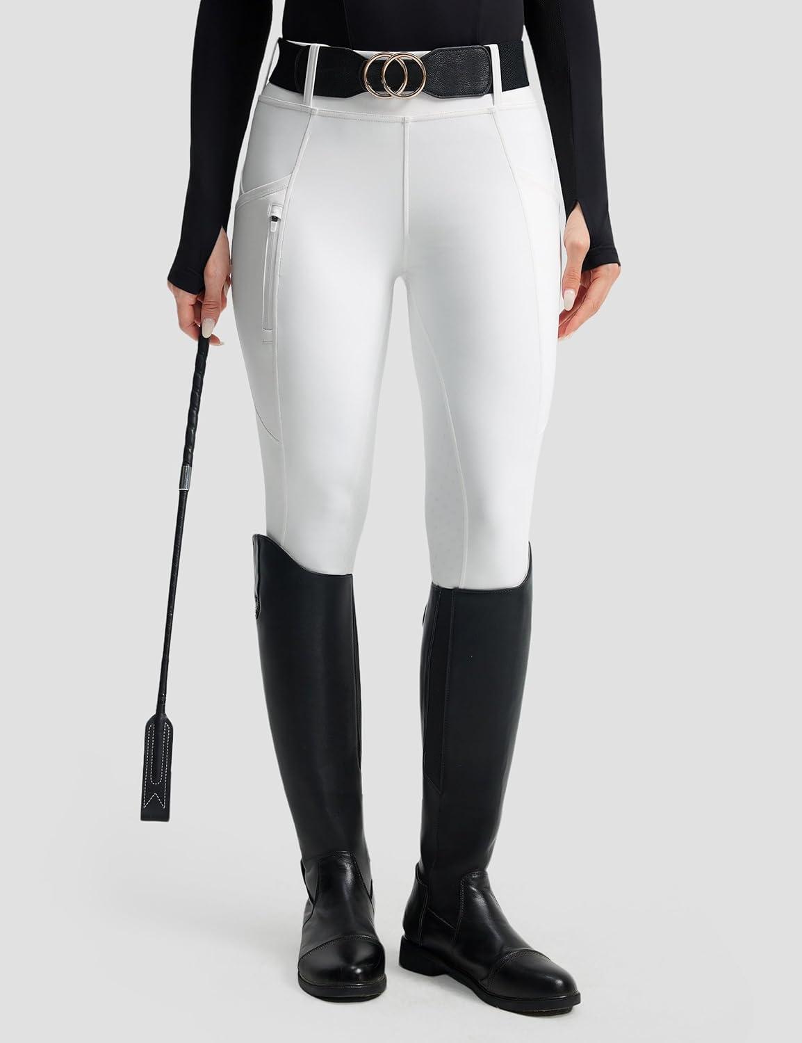 image:imageFitsT4 Sports Womens Horse Riding Pants Full Seat Equestrian Breeches High Waist Horseback Riding Tights with PocketsWhite
