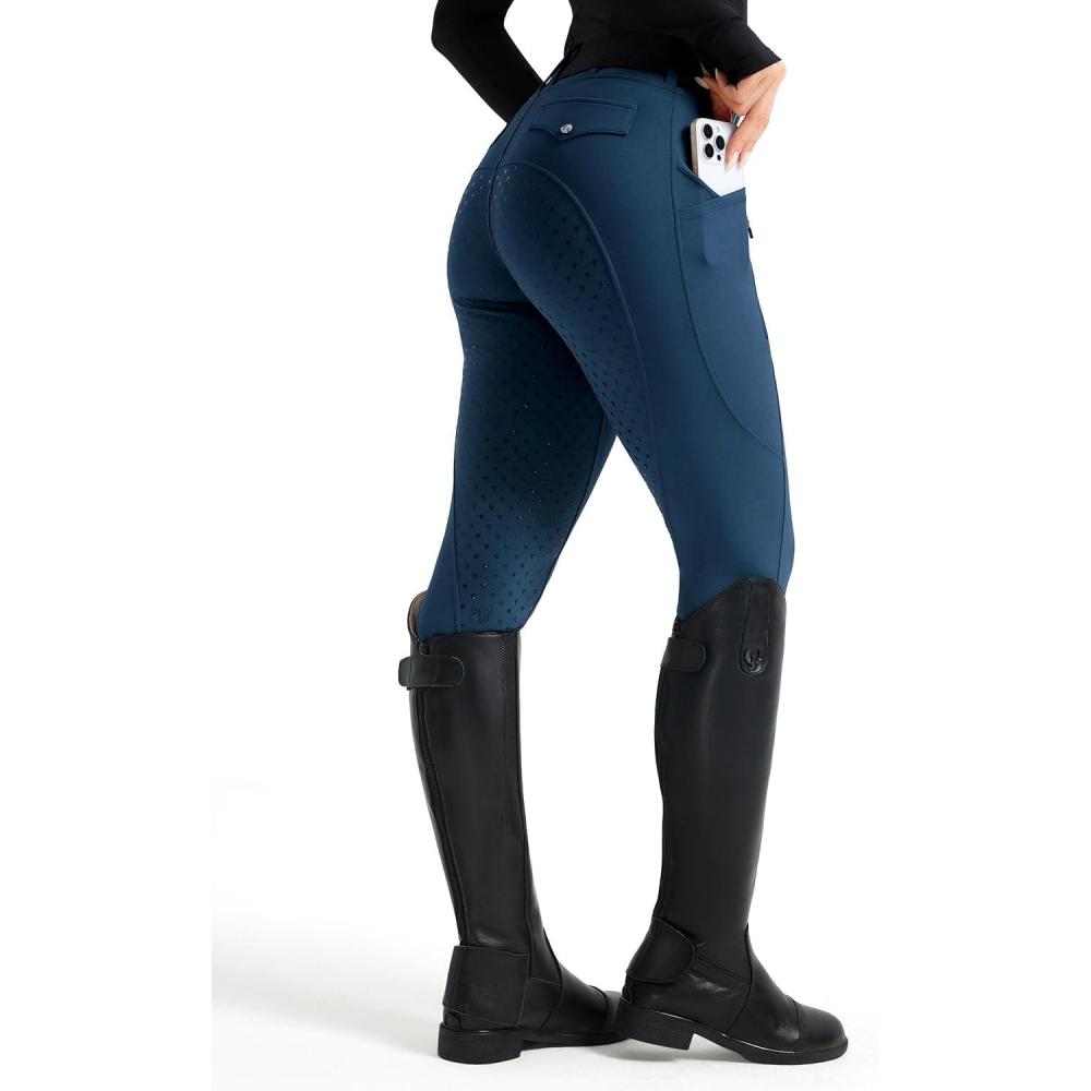 image:imageFitsT4 Sports Womens Horse Riding Pants Full Seat Equestrian Breeches High Waist Horseback Riding Tights with PocketsBlue