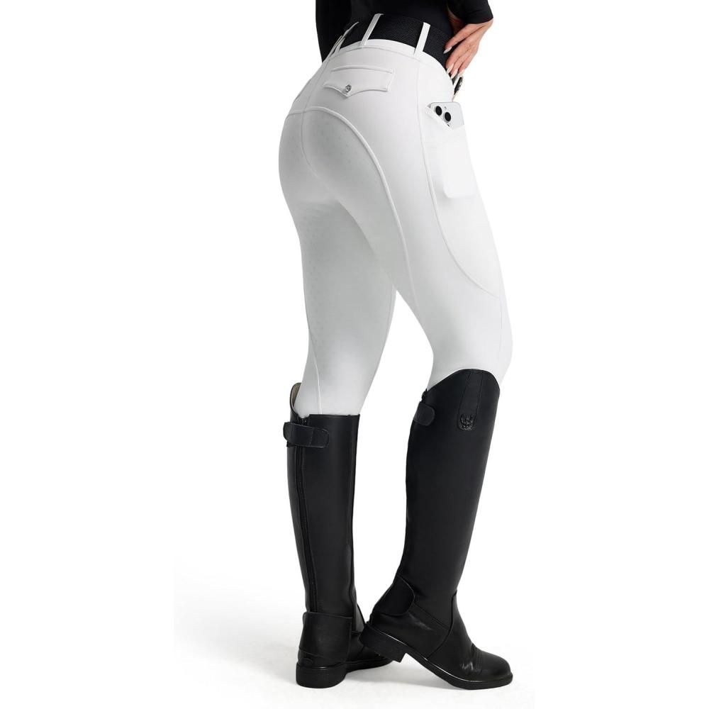 image:imageFitsT4 Sports Womens Horse Riding Pants Full Seat Equestrian Breeches High Waist Horseback Riding Tights with PocketsWhite