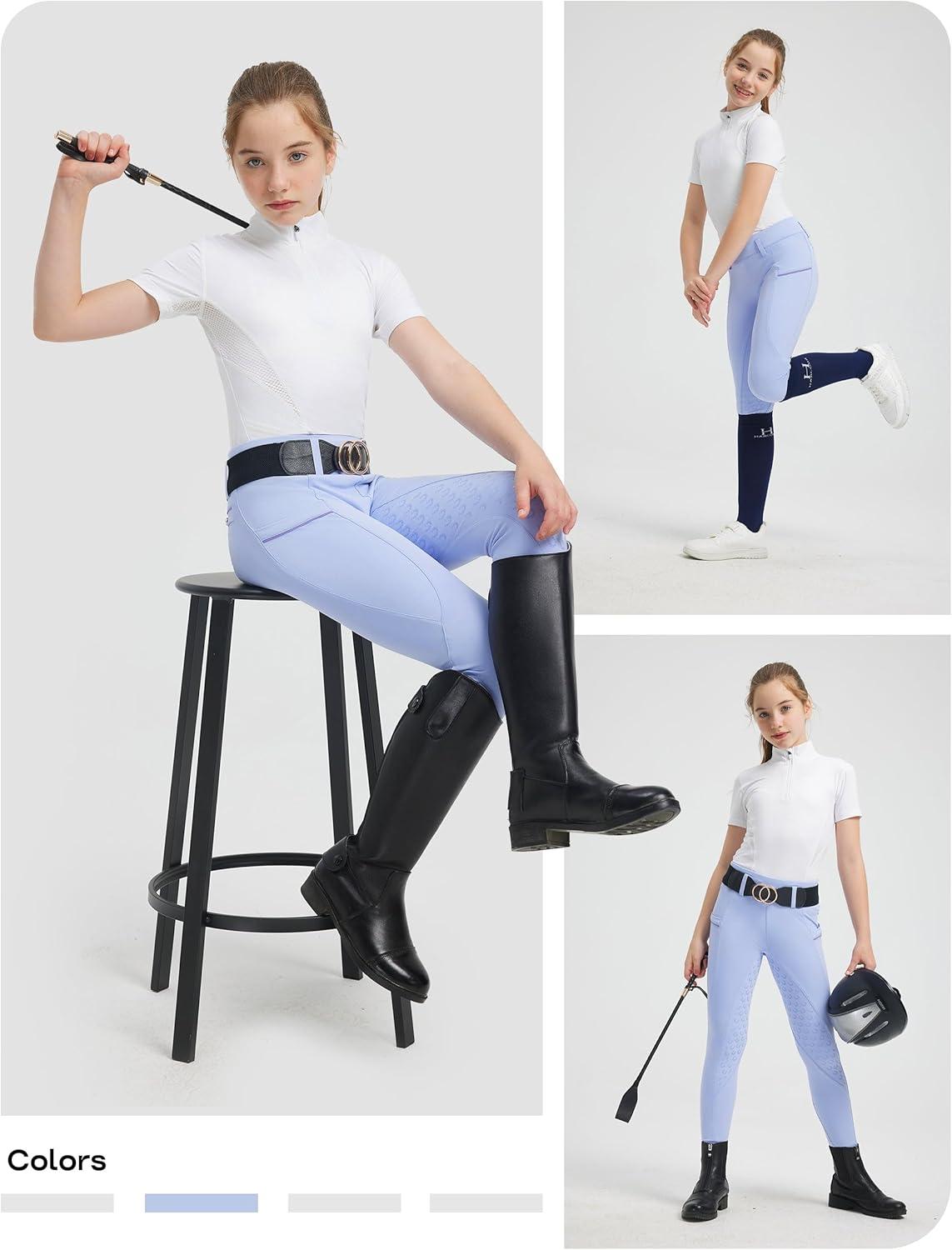 image:imageFitsT4 Sports Girls Horse Riding Pants Full Seat Silicone Girls Equestrian Pants Stretchy Kids Breeches Riding Tights PocketsLavender Blue