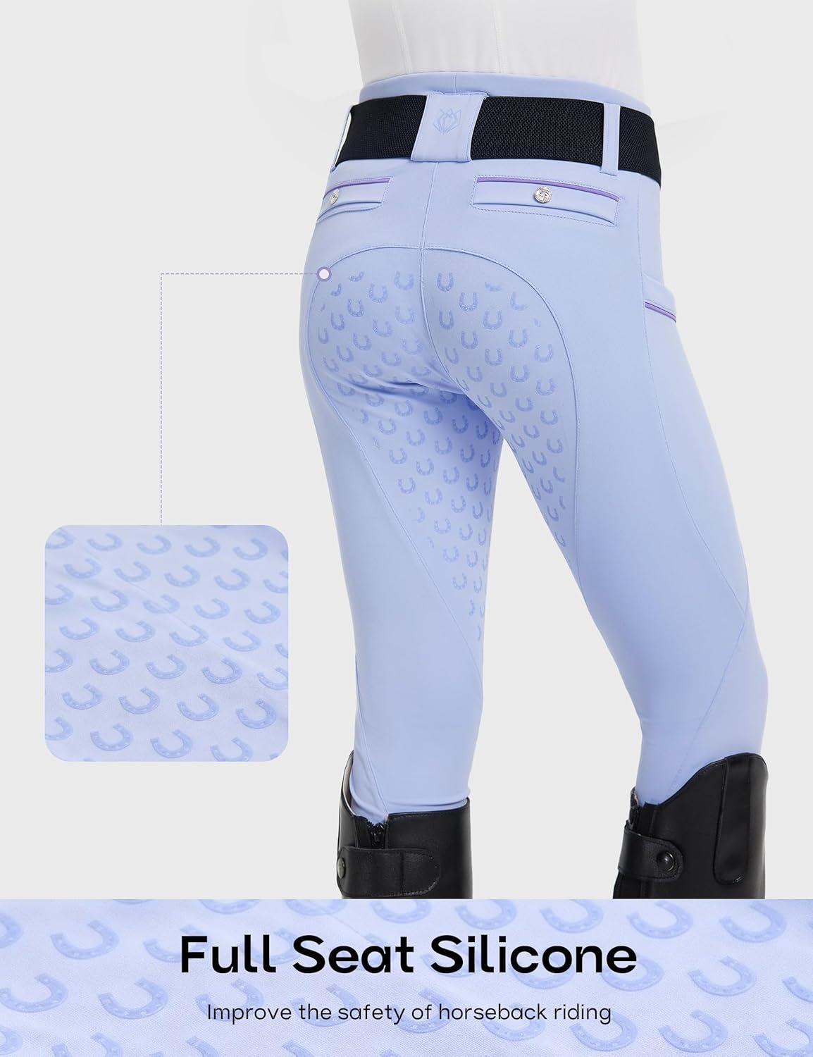 image:imageFitsT4 Sports Girls Horse Riding Pants Full Seat Silicone Girls Equestrian Pants Stretchy Kids Breeches Riding Tights PocketsLavender Blue