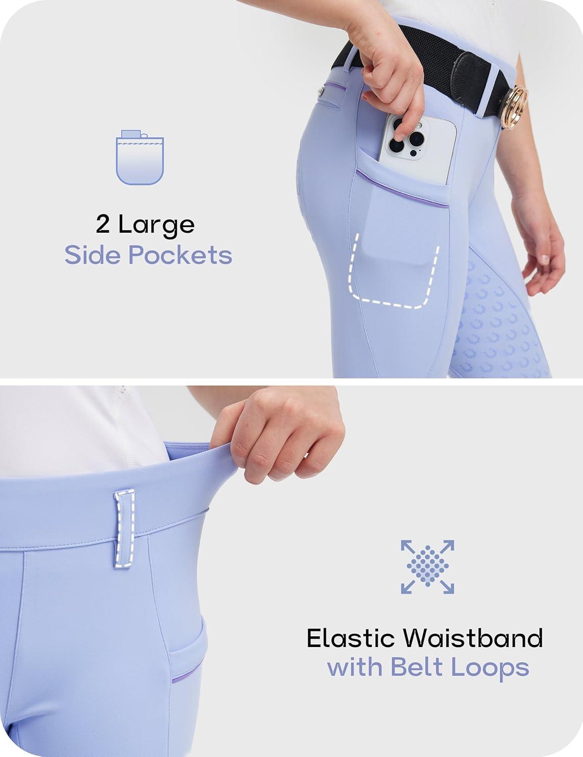 image:imageFitsT4 Sports Girls Horse Riding Pants Full Seat Silicone Girls Equestrian Pants Stretchy Kids Breeches Riding Tights PocketsLavender Blue