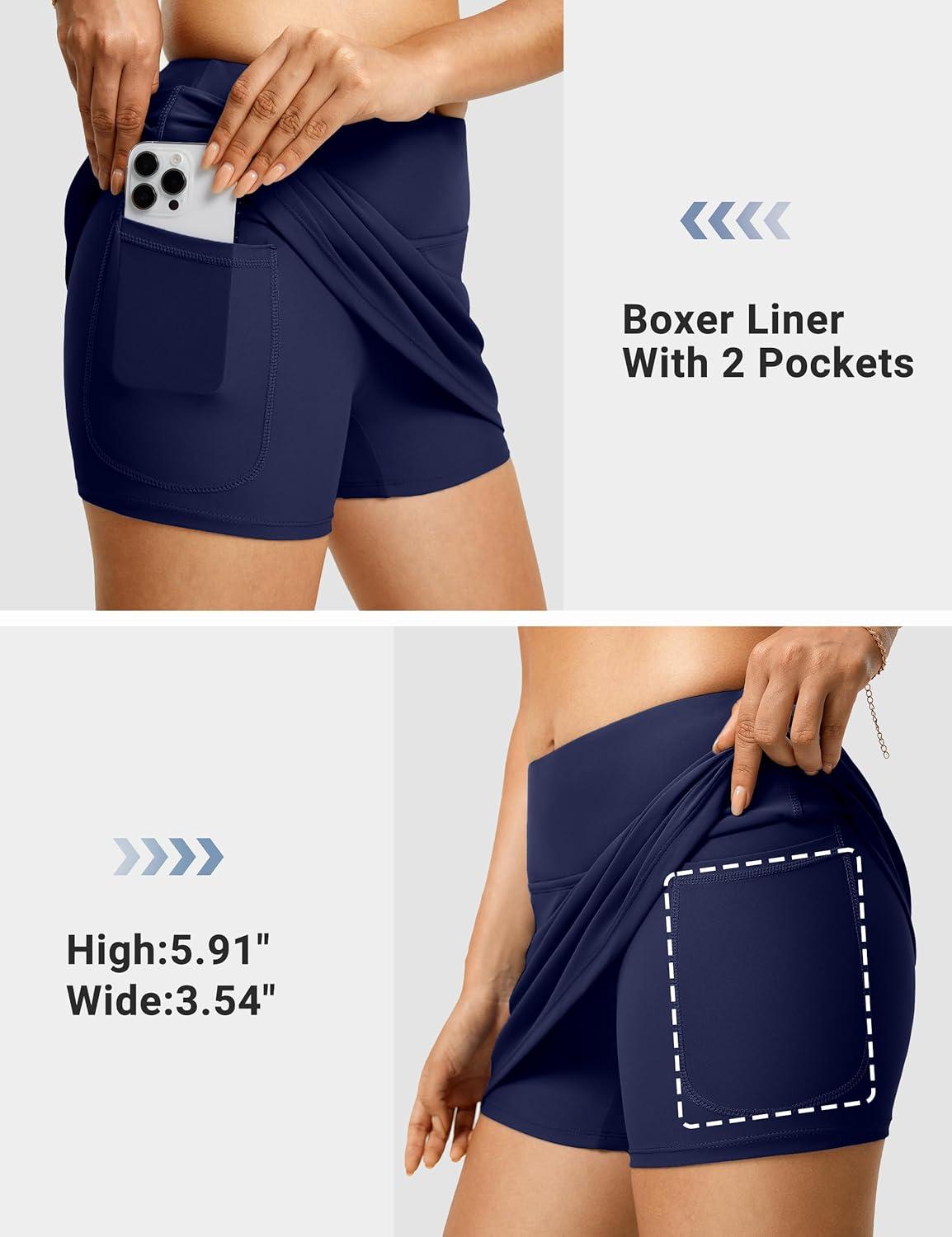 image:imageFitsT4 Sports Womens High Waisted 13 Mini Swim Skirts with Pockets Tummy Control Bathing Suit Skirt Bottoms for WomenNavy