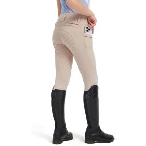 FitsT4 Sports Girls Horse Riding Pants Full Seat Silicone Girls Equestrian Pants Stretchy Kids Breeches Riding Tights Pockets(Apricot)