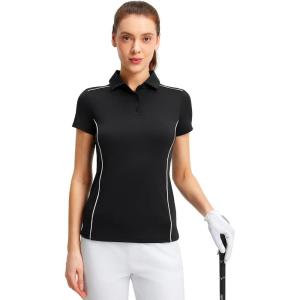 FitsT4 Sports Women’s Golf Polo Shirts UPF 50+ 3 Buttons Quick Dry Collared Short Sleeve Tennis Shirt(Black)