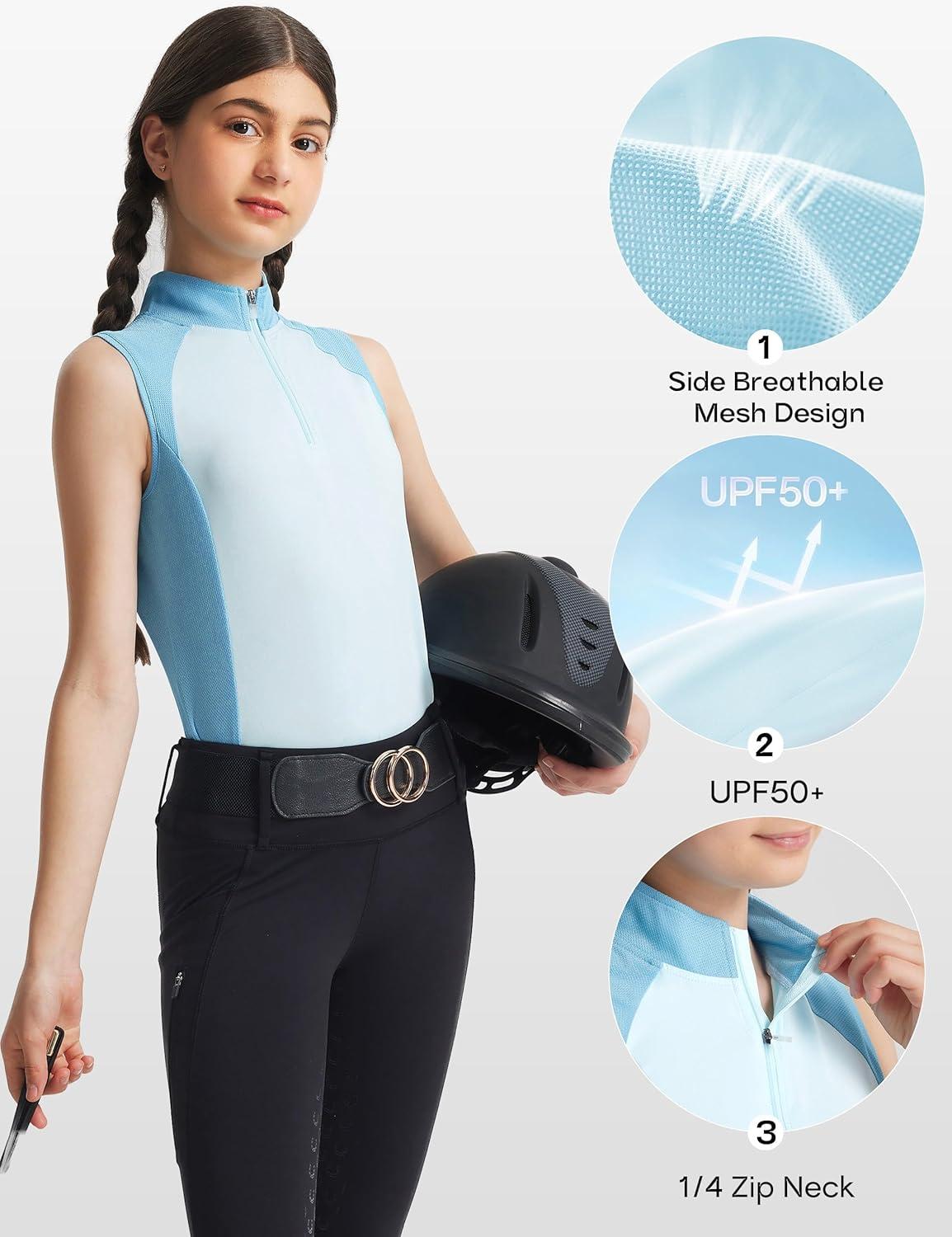 image:imageFitsT4 Sports Girls Sleeveless Equestrian Shirt Half Zip Athletic Tops for Horse Riding Running Golf Tennis Horseback ShowLight Blue