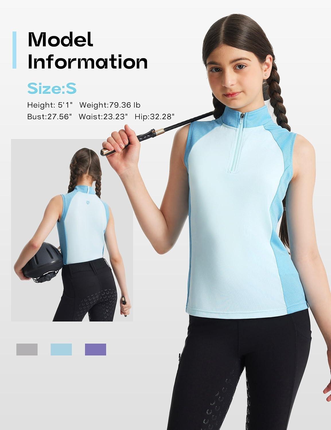 image:imageFitsT4 Sports Girls Sleeveless Equestrian Shirt Half Zip Athletic Tops for Horse Riding Running Golf Tennis Horseback ShowLight Blue
