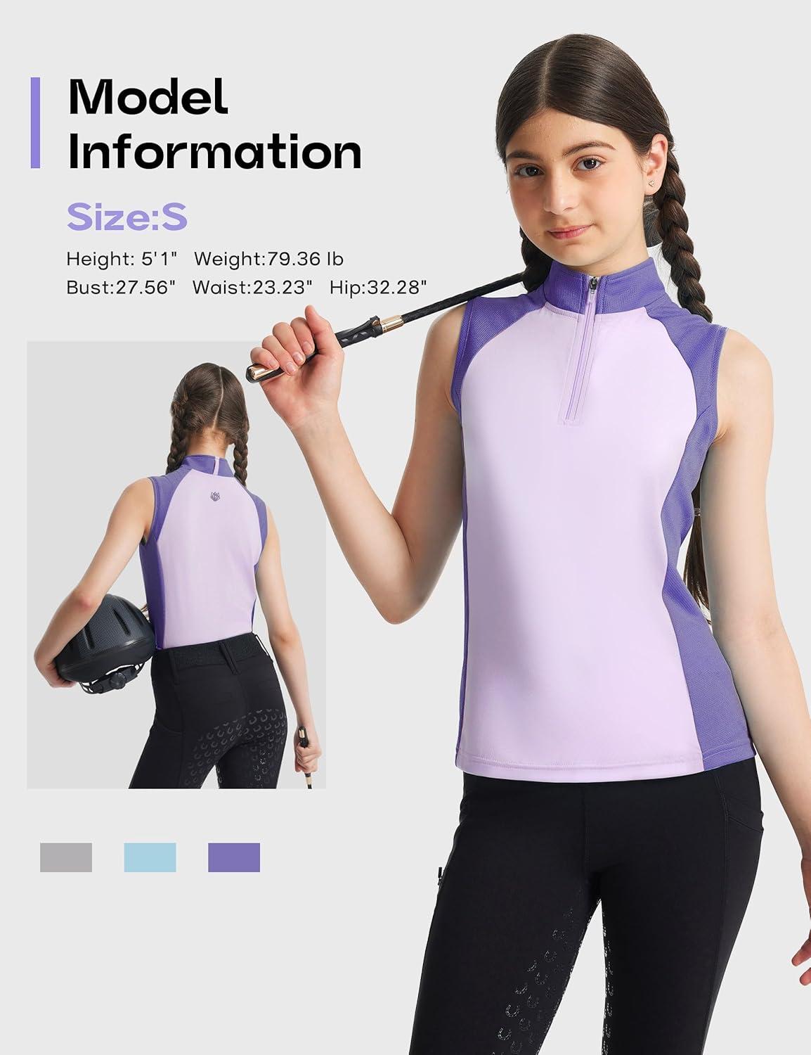 image:imageFitsT4 Sports Girls Sleeveless Equestrian Shirt Half Zip Athletic Tops for Horse Riding Running Golf Tennis Horseback ShowPurple