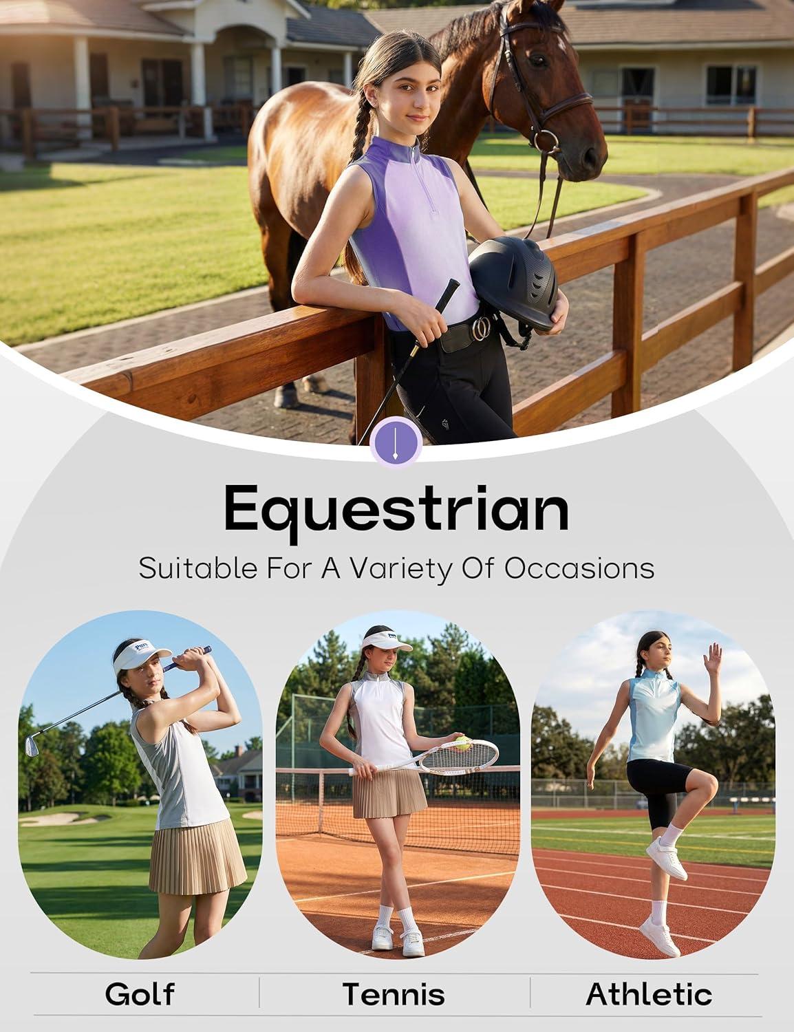 image:imageFitsT4 Sports Girls Sleeveless Equestrian Shirt Half Zip Athletic Tops for Horse Riding Running Golf Tennis Horseback ShowPurple