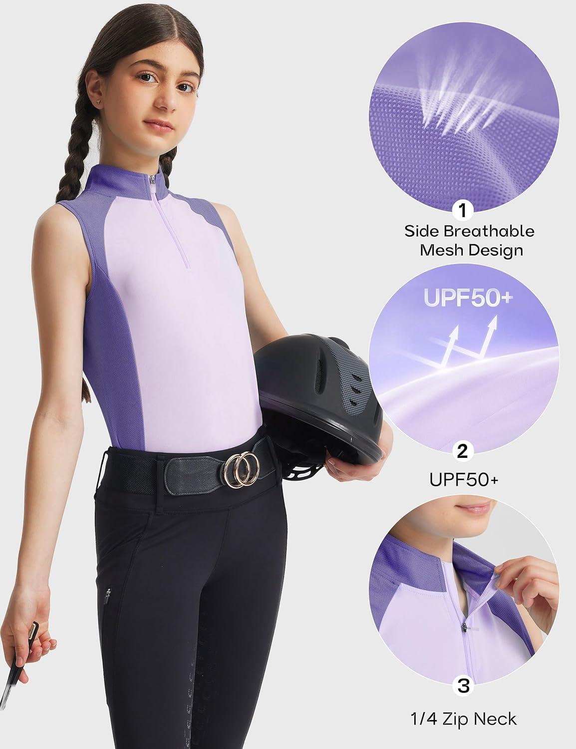 image:imageFitsT4 Sports Girls Sleeveless Equestrian Shirt Half Zip Athletic Tops for Horse Riding Running Golf Tennis Horseback ShowPurple