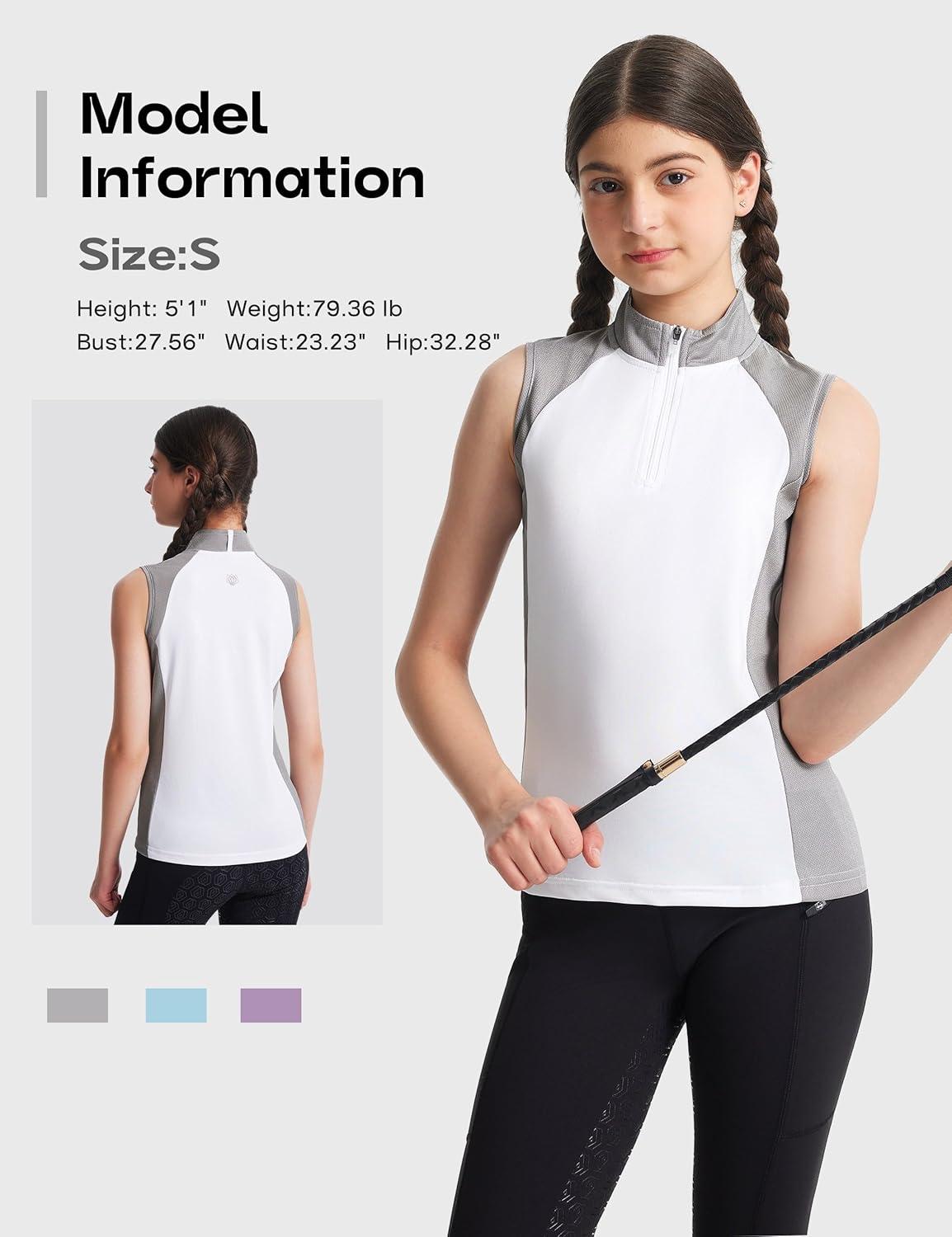 image:imageFitsT4 Sports Girls Sleeveless Equestrian Shirt Half Zip Athletic Tops for Horse Riding Running Golf Tennis Horseback ShowWhite