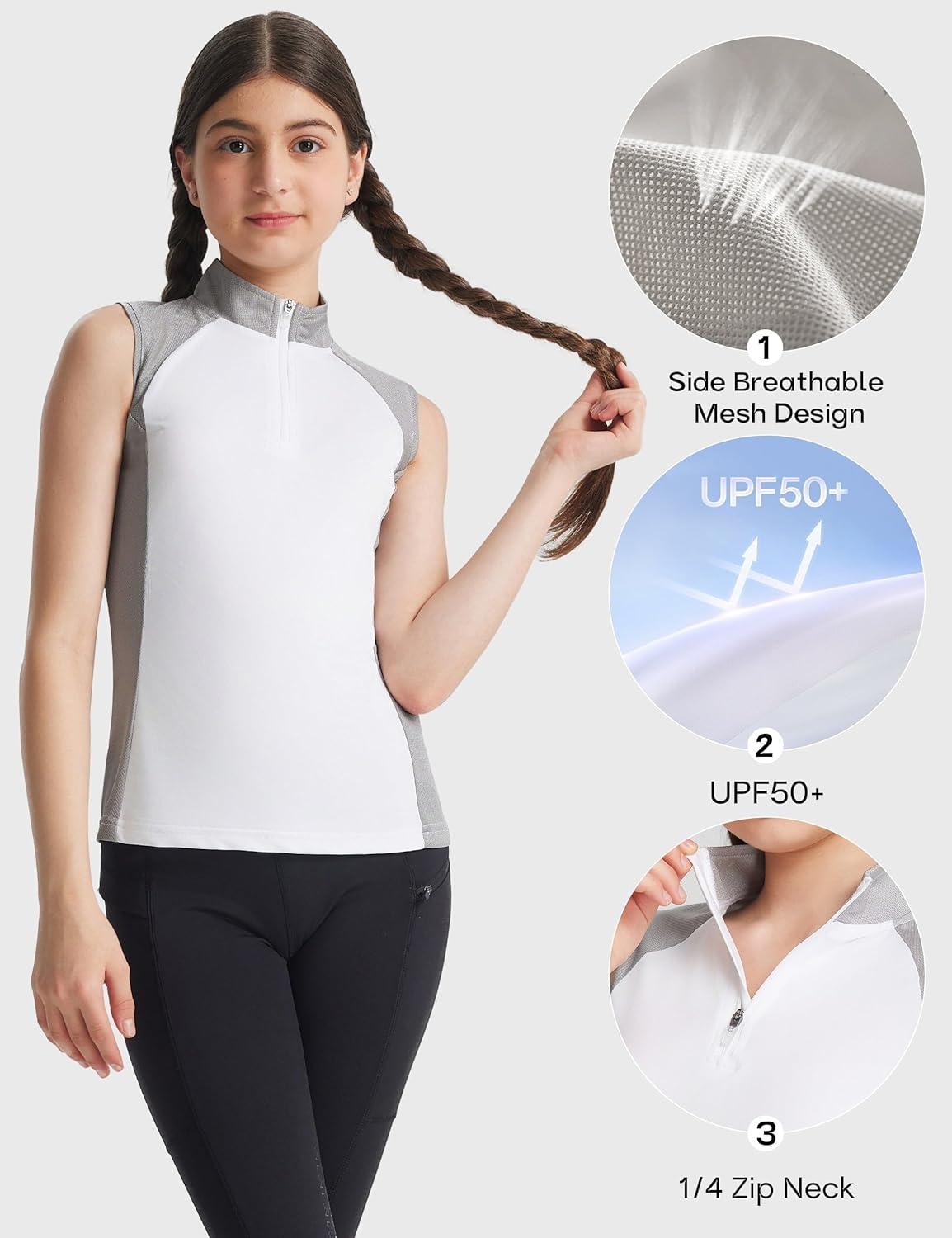 image:imageFitsT4 Sports Girls Sleeveless Equestrian Shirt Half Zip Athletic Tops for Horse Riding Running Golf Tennis Horseback ShowWhite