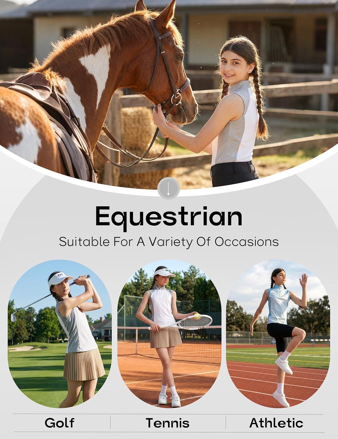 image:imageFitsT4 Sports Girls Sleeveless Equestrian Shirt Half Zip Athletic Tops for Horse Riding Running Golf Tennis Horseback ShowWhite