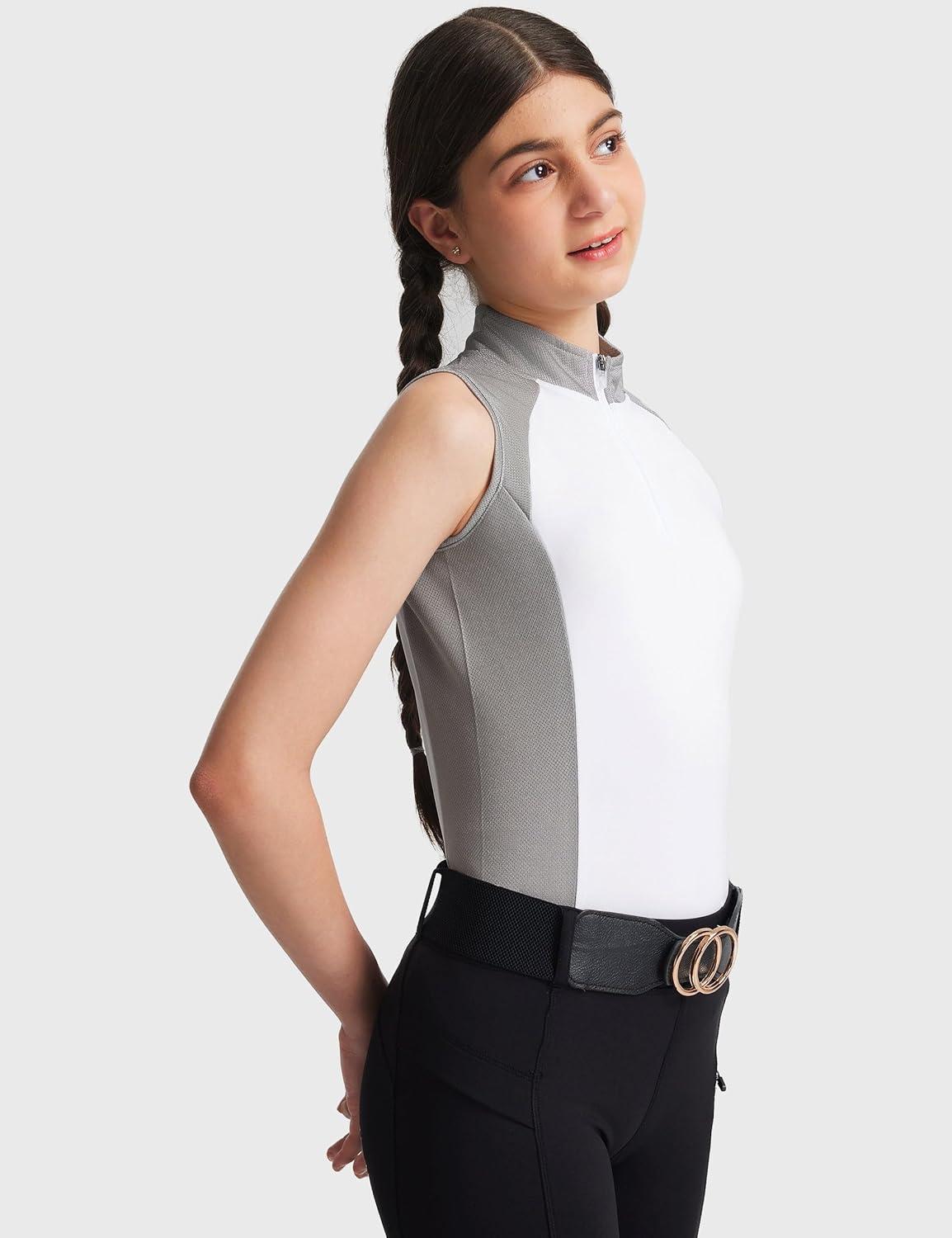 image:imageFitsT4 Sports Girls Sleeveless Equestrian Shirt Half Zip Athletic Tops for Horse Riding Running Golf Tennis Horseback ShowWhite