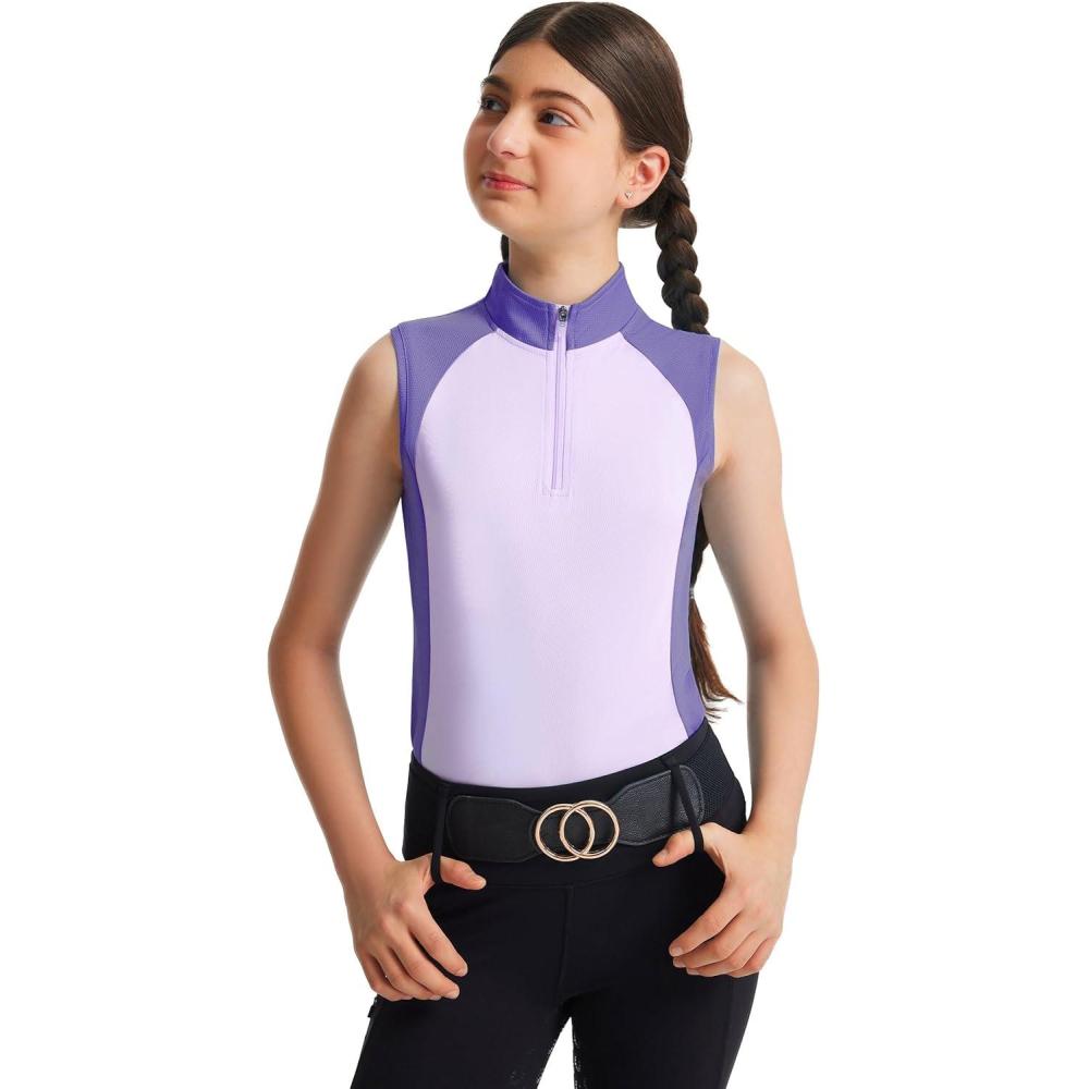 image:imageFitsT4 Sports Girls Sleeveless Equestrian Shirt Half Zip Athletic Tops for Horse Riding Running Golf Tennis Horseback ShowPurple