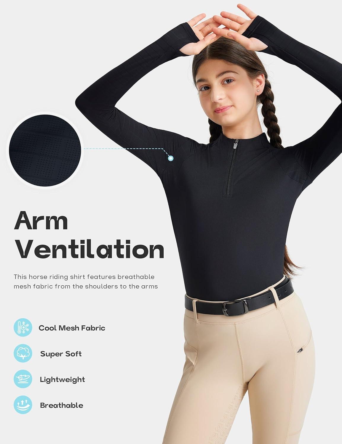 image:imageFitsT4 Sports Girls Long Sleeve Equestrian Shirt Summer Horse Riding Shirts Half Zip Horseback Show Shirt Athletic TopsBlack