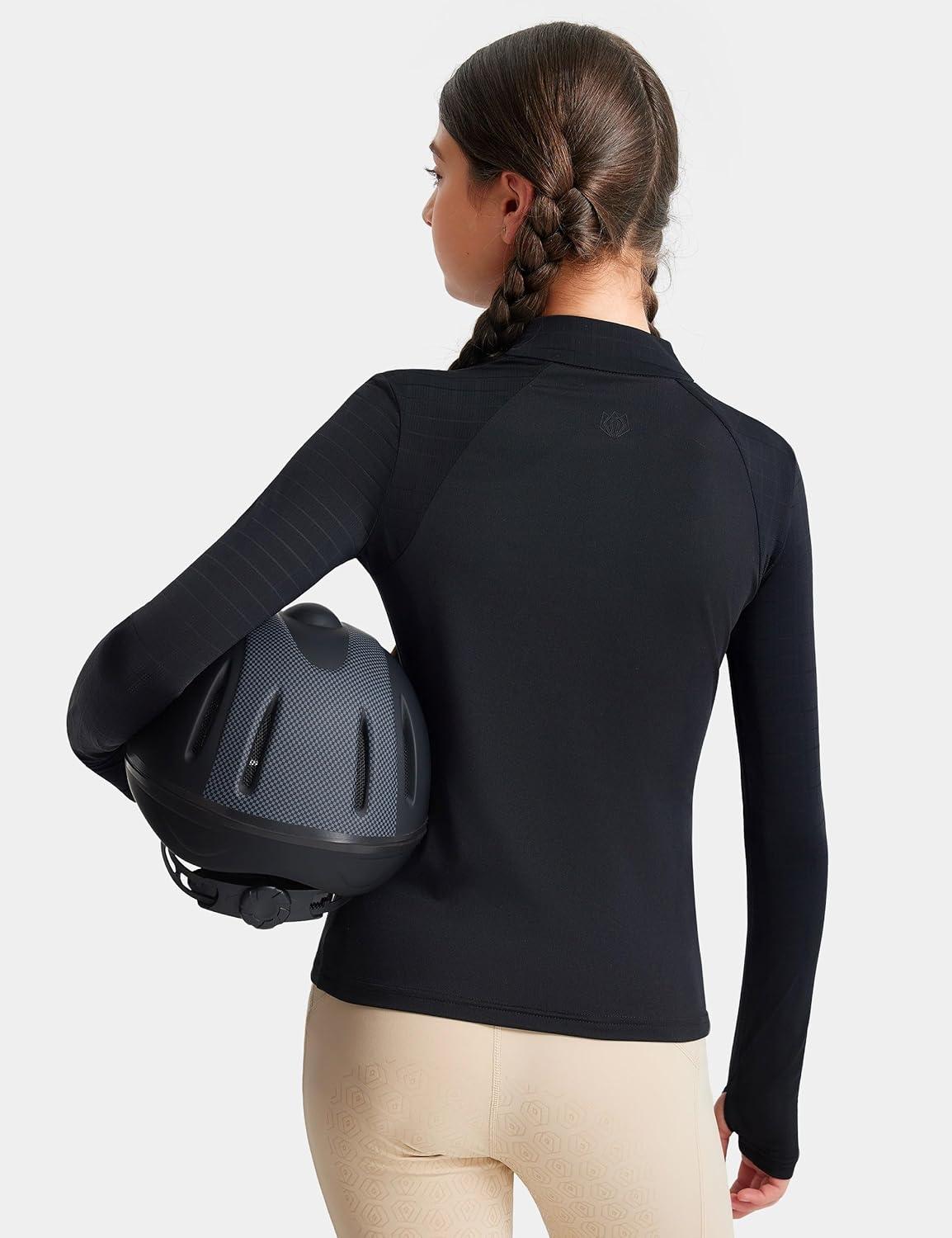 image:imageFitsT4 Sports Girls Long Sleeve Equestrian Shirt Summer Horse Riding Shirts Half Zip Horseback Show Shirt Athletic TopsBlack