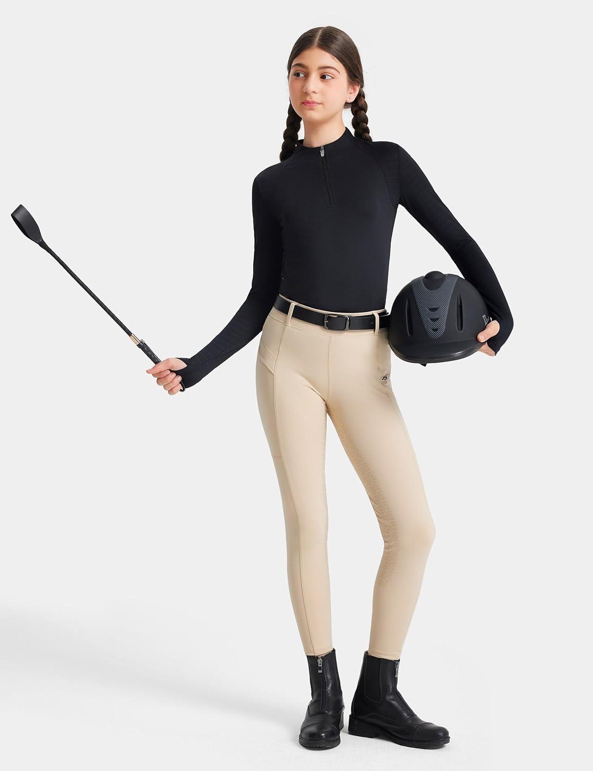 image:imageFitsT4 Sports Girls Long Sleeve Equestrian Shirt Summer Horse Riding Shirts Half Zip Horseback Show Shirt Athletic TopsBlack
