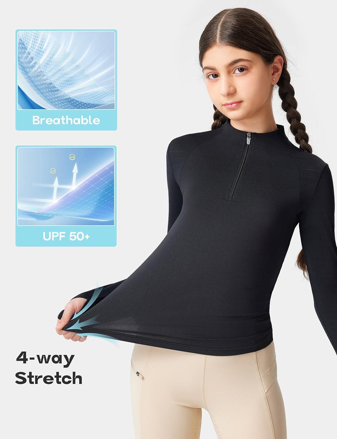 image:imageFitsT4 Sports Girls Long Sleeve Equestrian Shirt Summer Horse Riding Shirts Half Zip Horseback Show Shirt Athletic TopsBlack