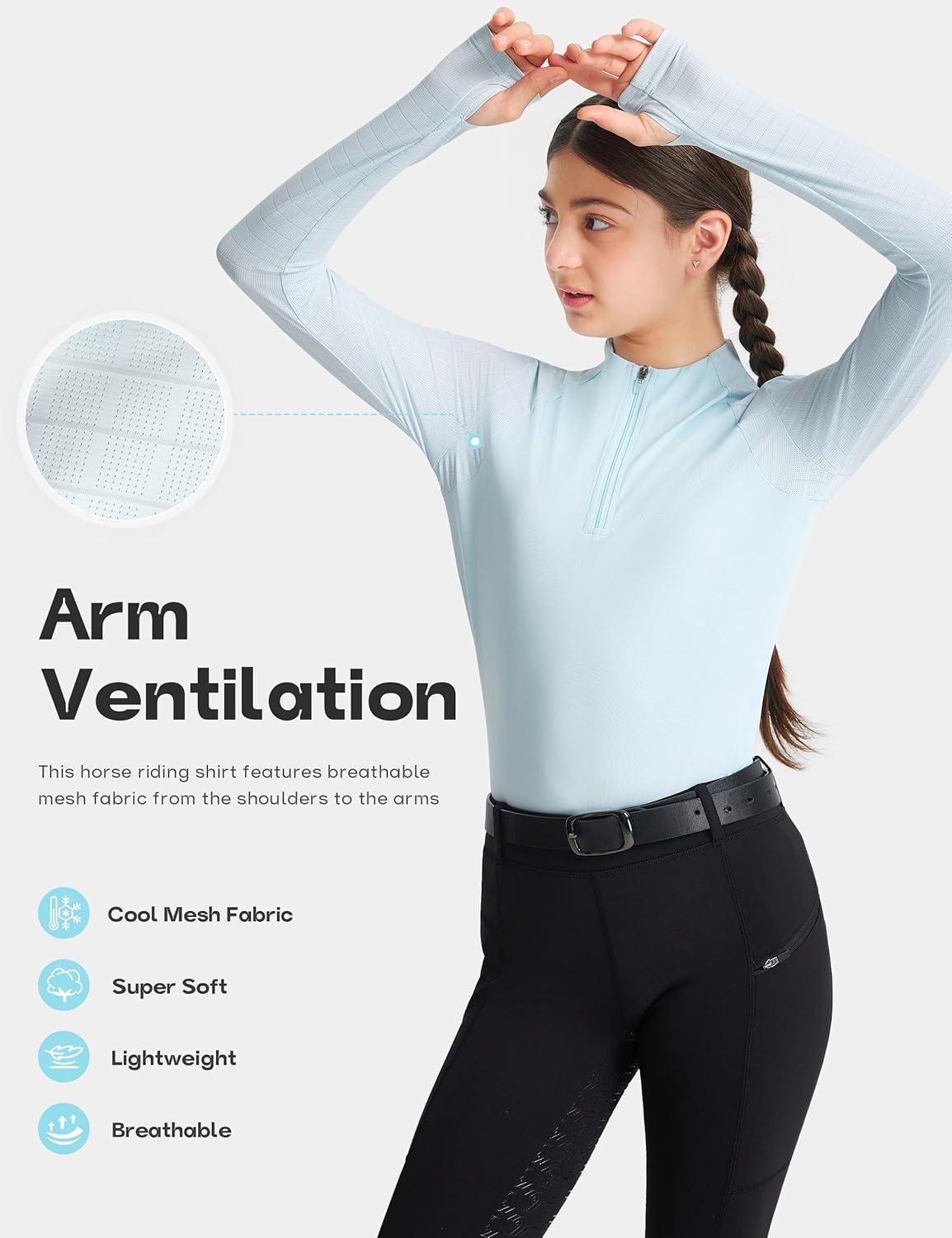 image:imageFitsT4 Sports Girls Long Sleeve Equestrian Shirt Summer Horse Riding Shirts Half Zip Horseback Show Shirt Athletic TopsLight Blue