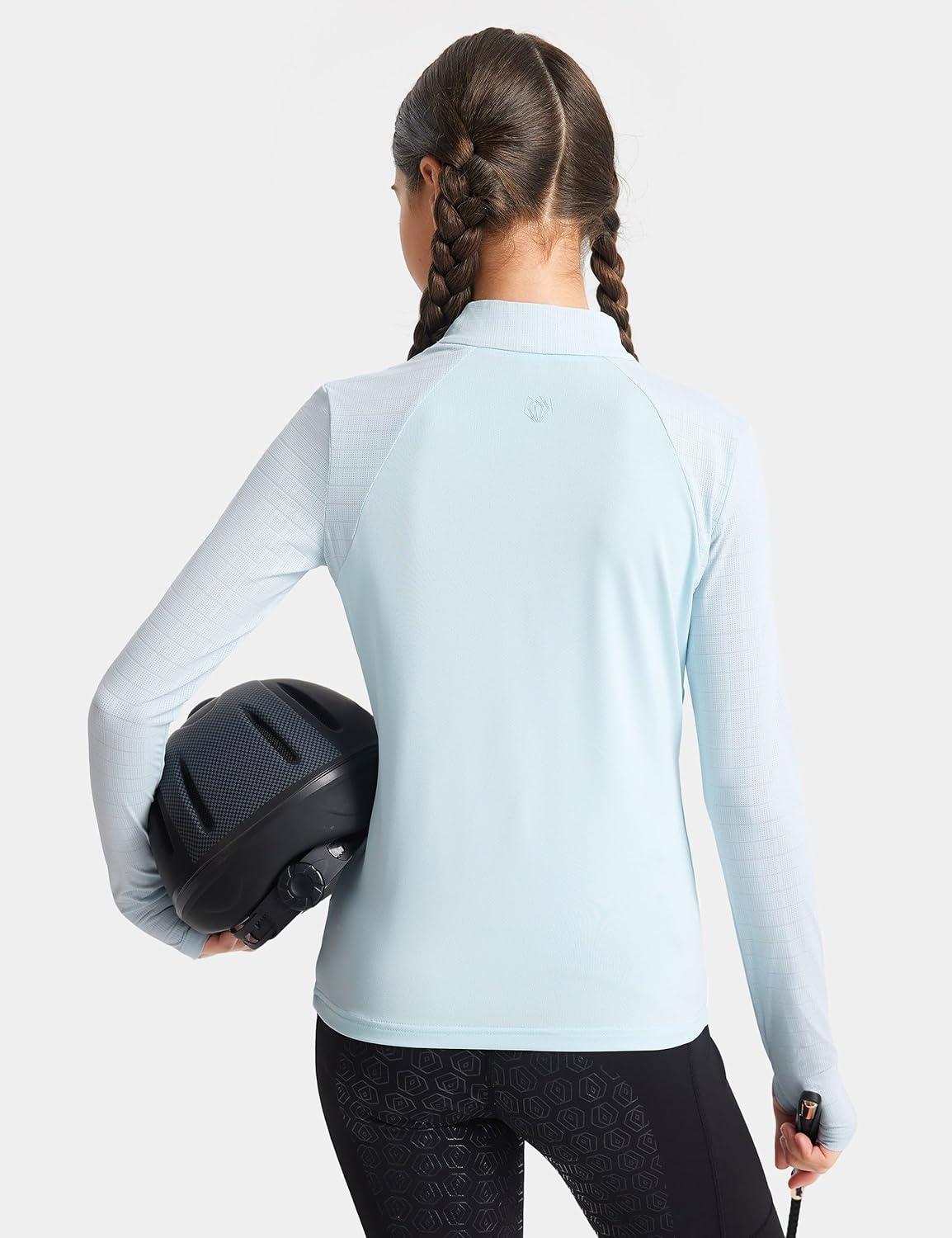 image:imageFitsT4 Sports Girls Long Sleeve Equestrian Shirt Summer Horse Riding Shirts Half Zip Horseback Show Shirt Athletic TopsLight Blue