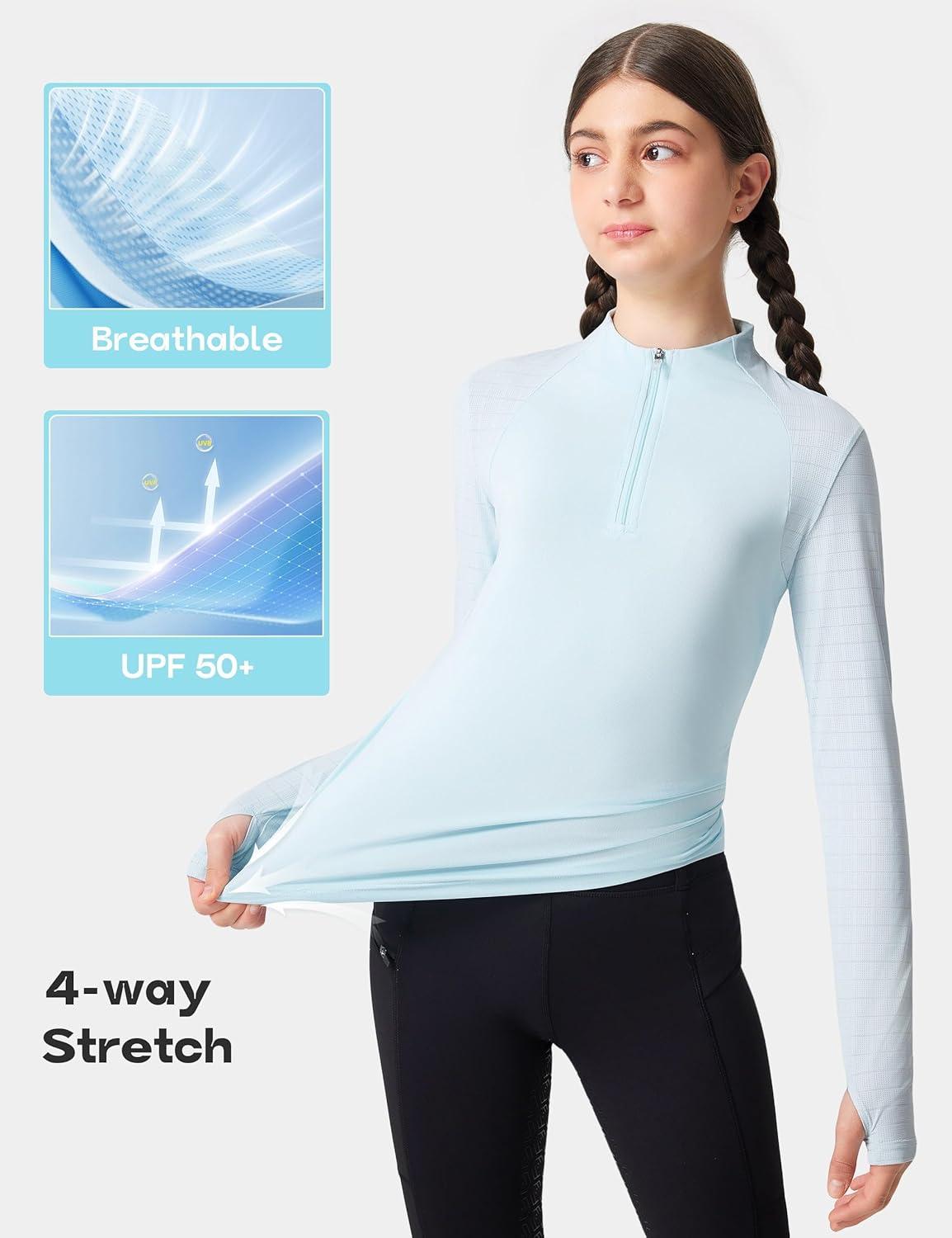 image:imageFitsT4 Sports Girls Long Sleeve Equestrian Shirt Summer Horse Riding Shirts Half Zip Horseback Show Shirt Athletic TopsLight Blue