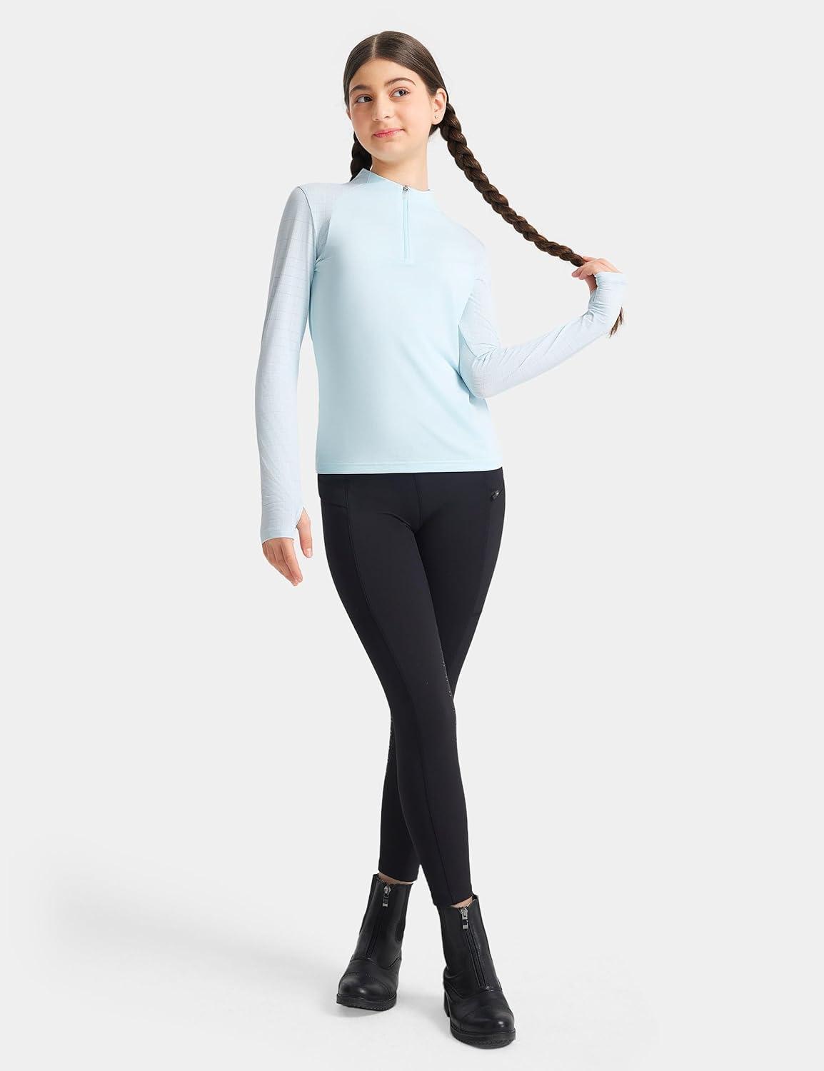 image:imageFitsT4 Sports Girls Long Sleeve Equestrian Shirt Summer Horse Riding Shirts Half Zip Horseback Show Shirt Athletic TopsLight Blue