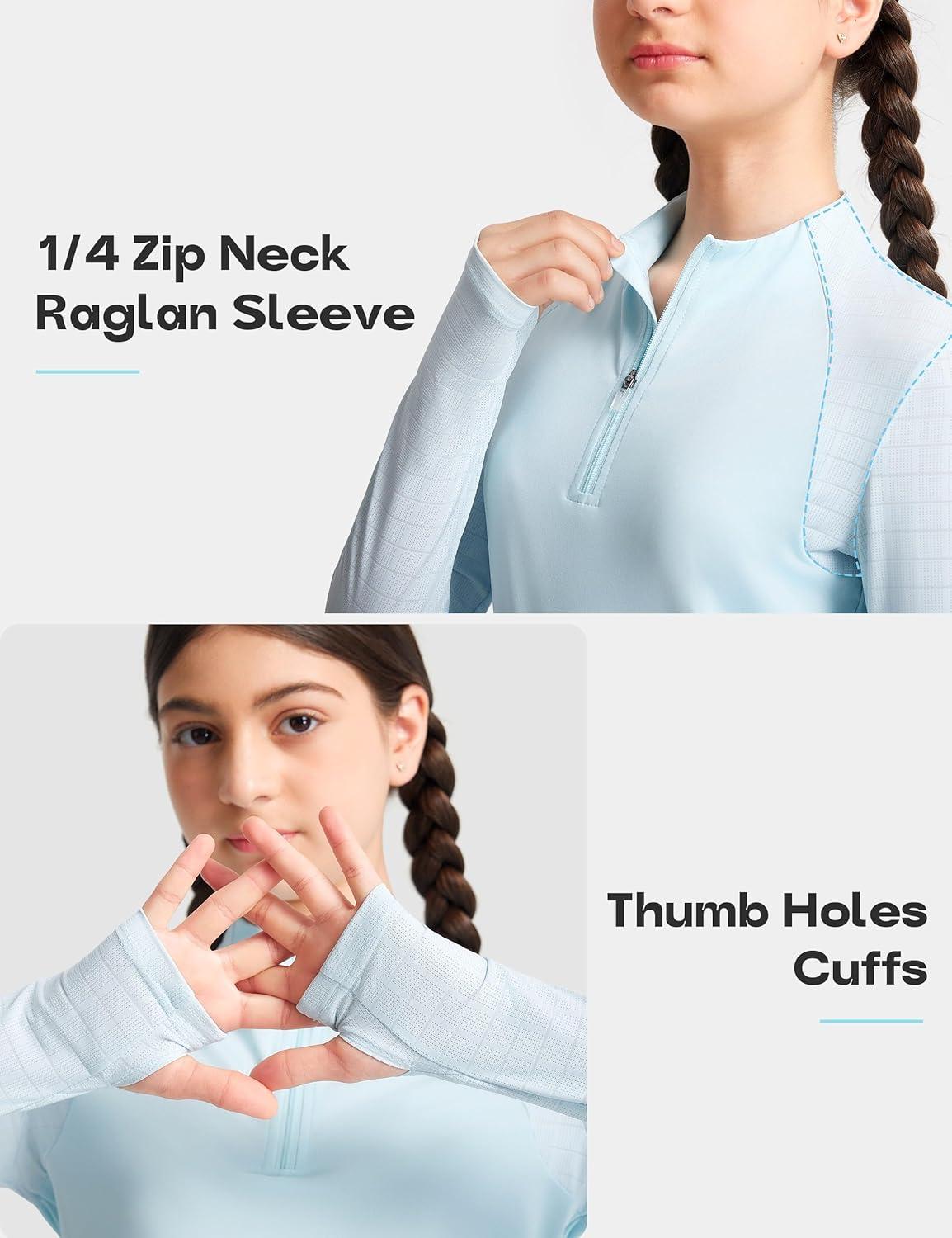 image:imageFitsT4 Sports Girls Long Sleeve Equestrian Shirt Summer Horse Riding Shirts Half Zip Horseback Show Shirt Athletic TopsLight Blue