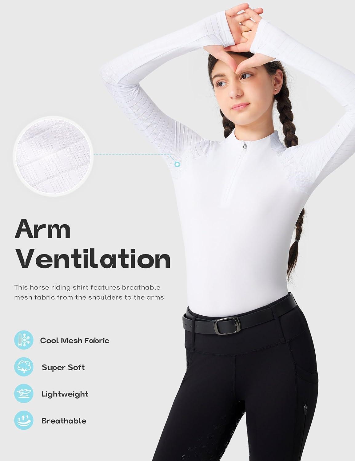 image:imageFitsT4 Sports Girls Long Sleeve Equestrian Shirt Summer Horse Riding Shirts Half Zip Horseback Show Shirt Athletic TopsWhite